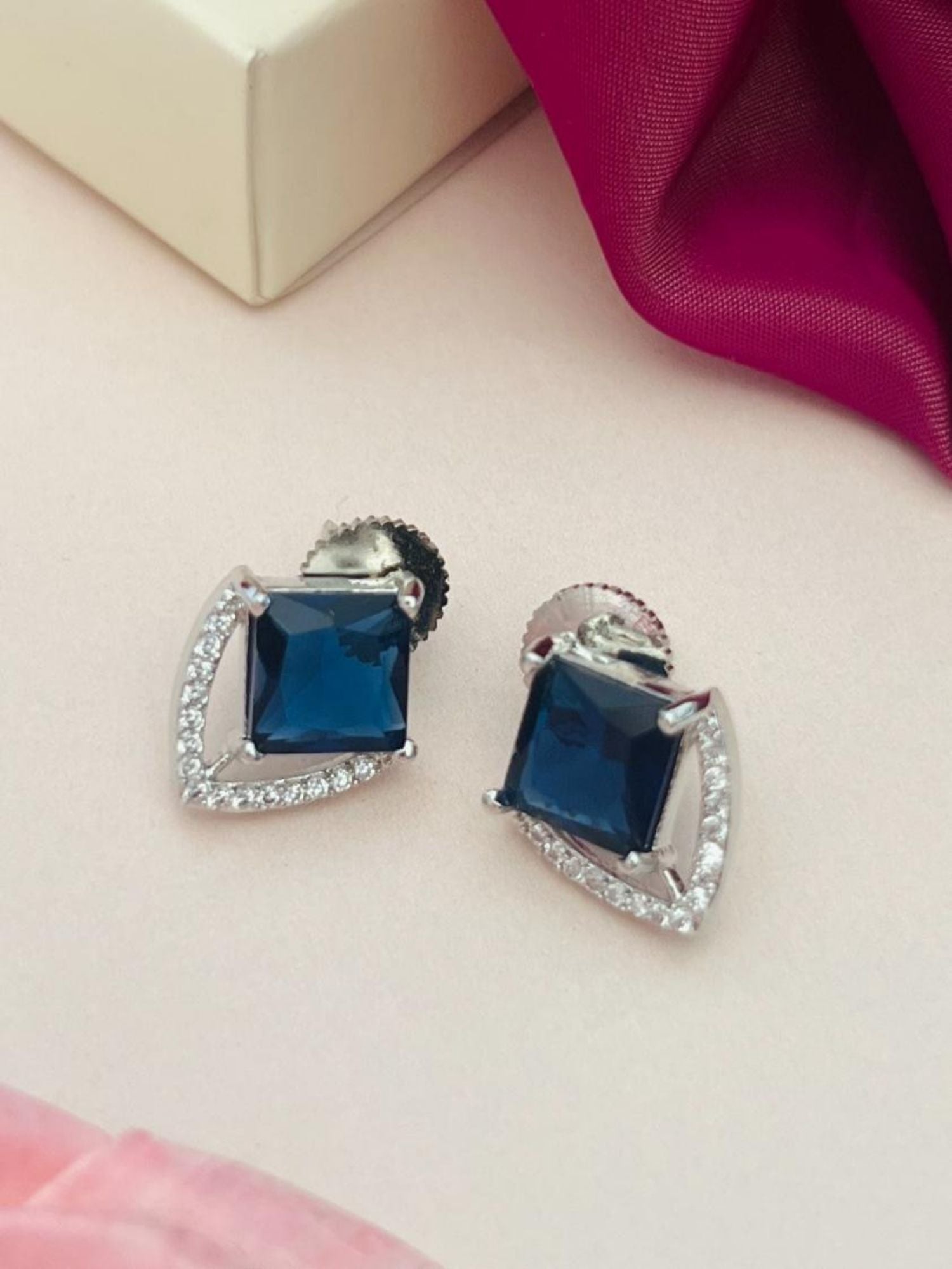 Unique Silver Plated American Diamond Stud Earring with blue square center stones and clear accent stones