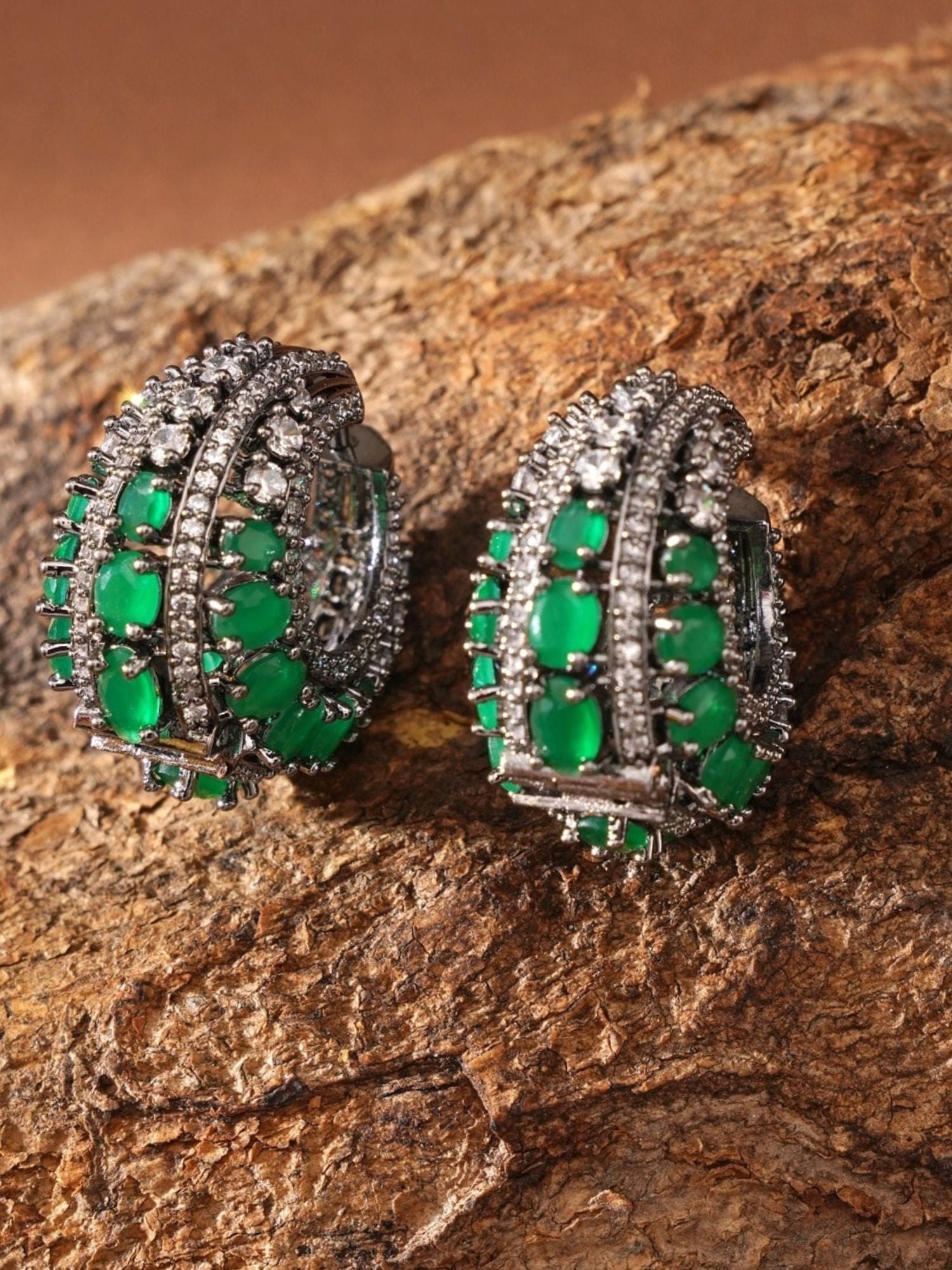 Versatile Silver Plated American Diamond Hoops Earring with green gemstone accents and pave crystal detailing