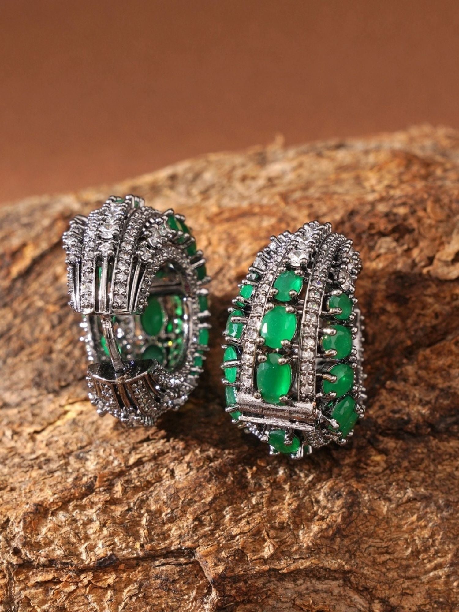 Versatile Silver Plated American Diamond Hoops Earring by Abdesignsjewellery with green emerald stones and pave finish