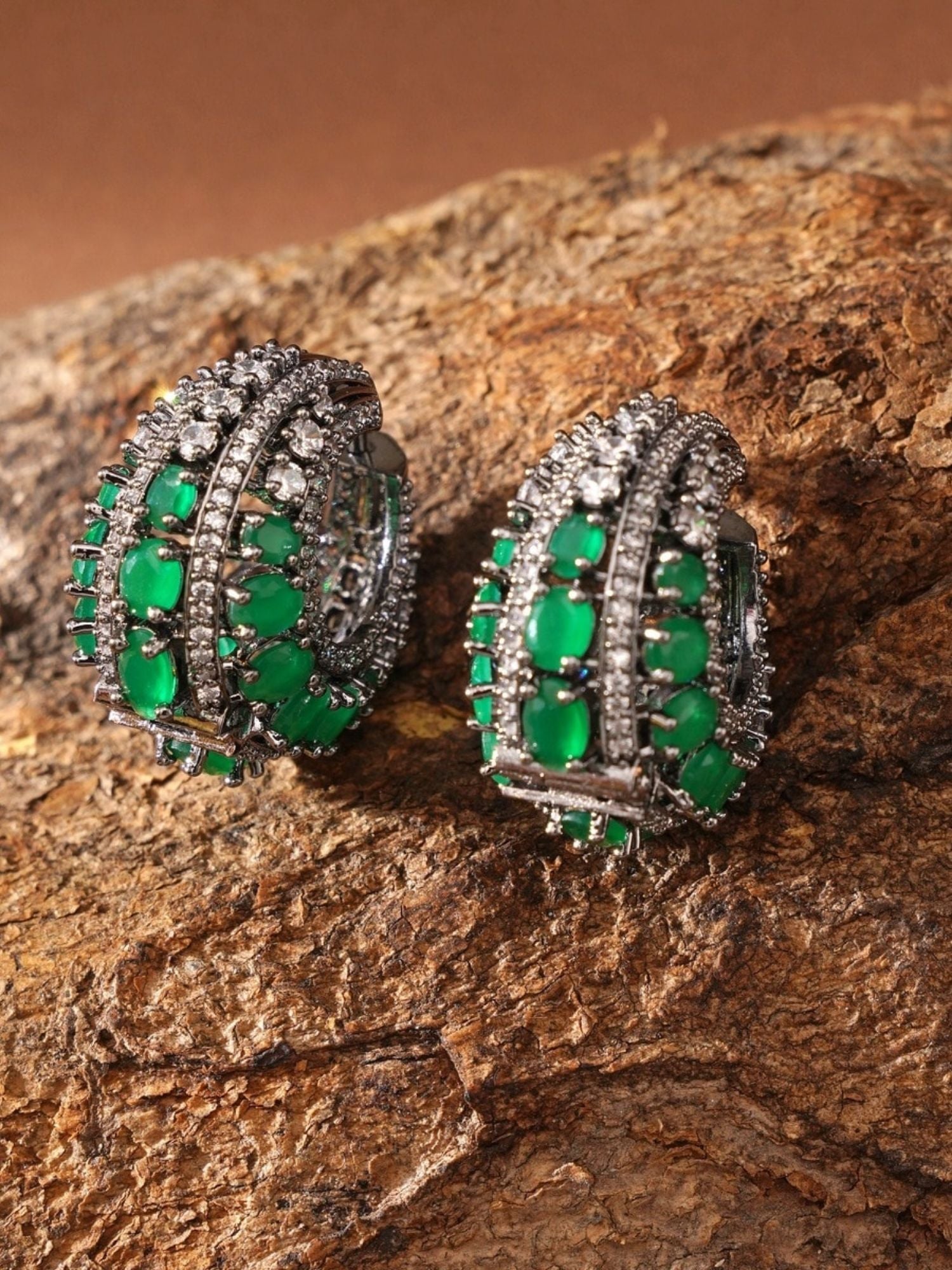 Versatile Silver Plated American Diamond Hoops Earring with green stones and intricate pave detailing by Abdesignsjewellery