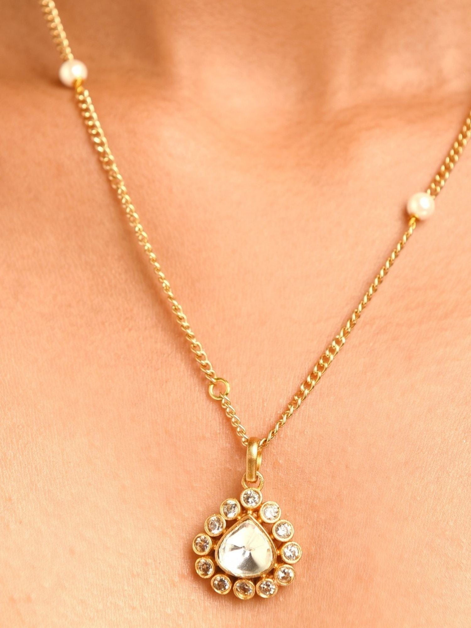 Abdesignsjewellery Vibrant Gold Plated Polki Pendant Chain With Earrings teardrop pendant with pearl accented gold chain