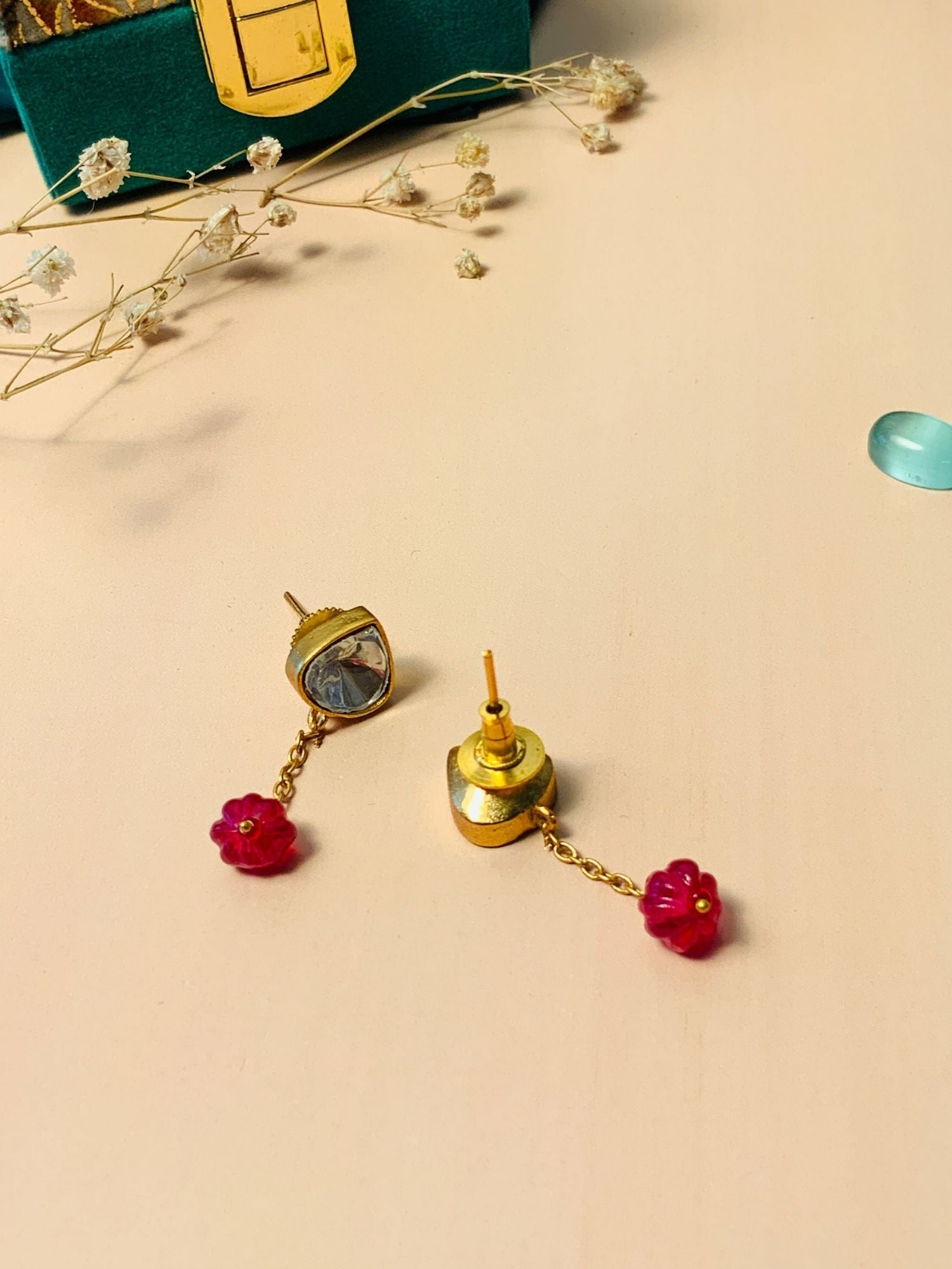 Vibrant Gold Plated Polki Pendant Chain With Earrings gold polki studs with chain drops and red flower beads
