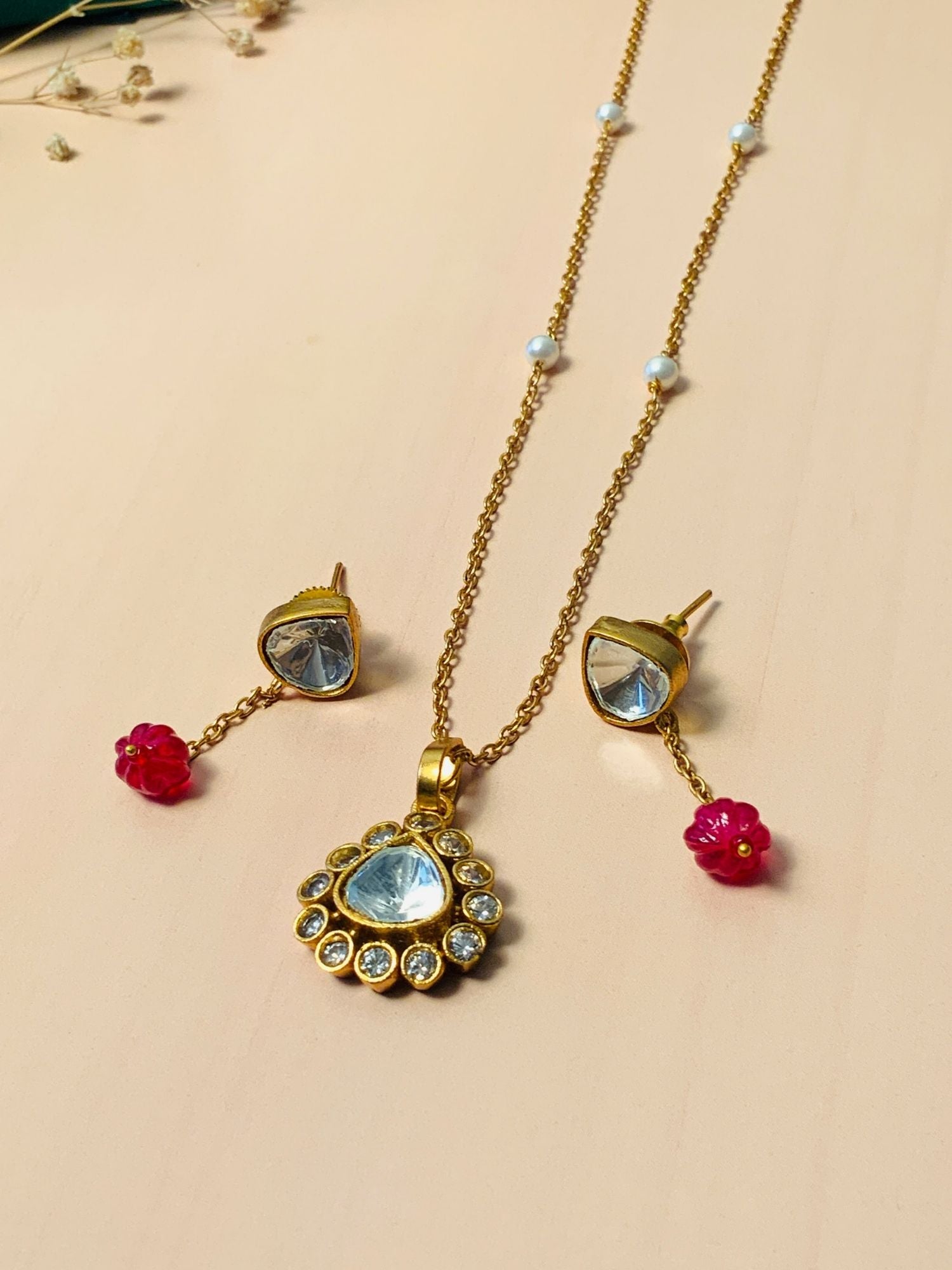 Vibrant Gold Plated Polki Pendant Chain With Earrings gold chain teardrop polki stones red bead drops and pearl accents