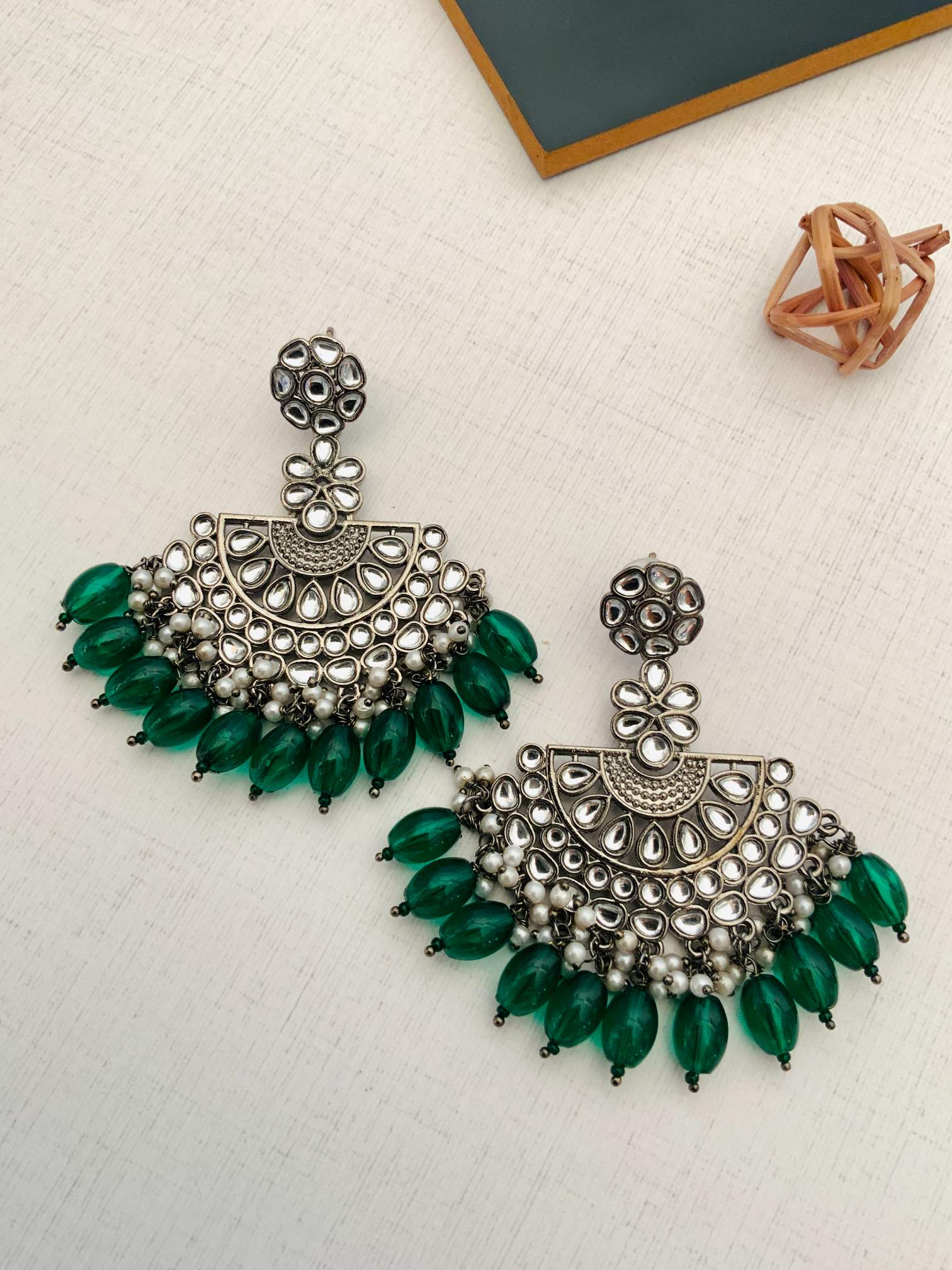 Victorian German Silver Plated Earring with intricate designs and green bead accents by Abdesignsjewellery