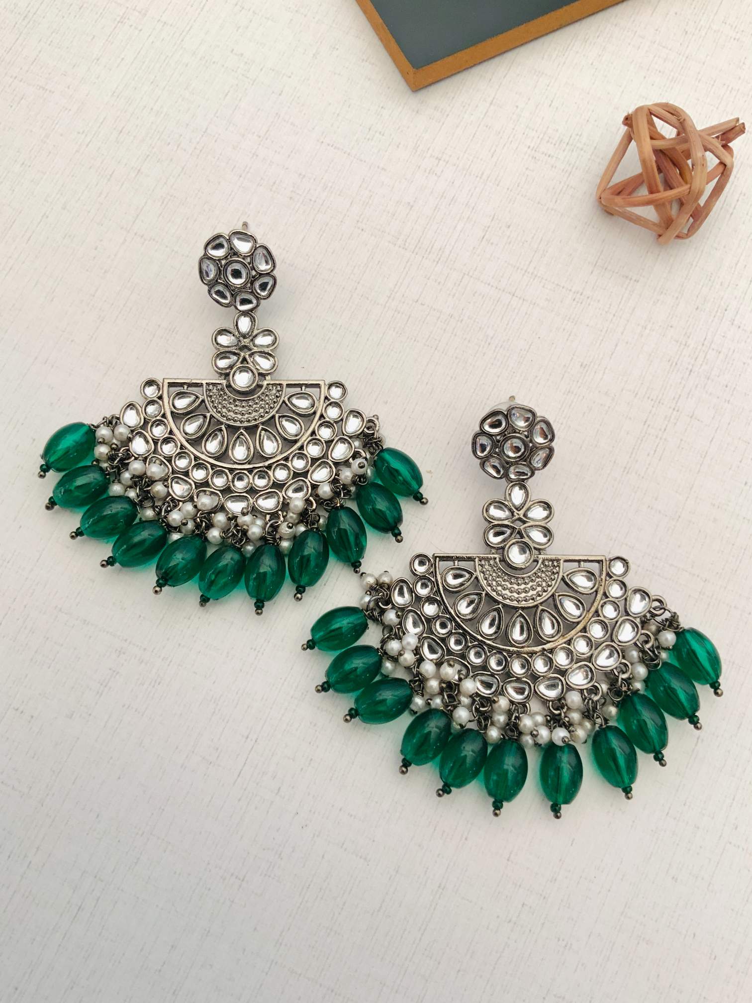 Victorian German Silver Plated Earring with intricate design and green bead accents from Abdesignsjewellery