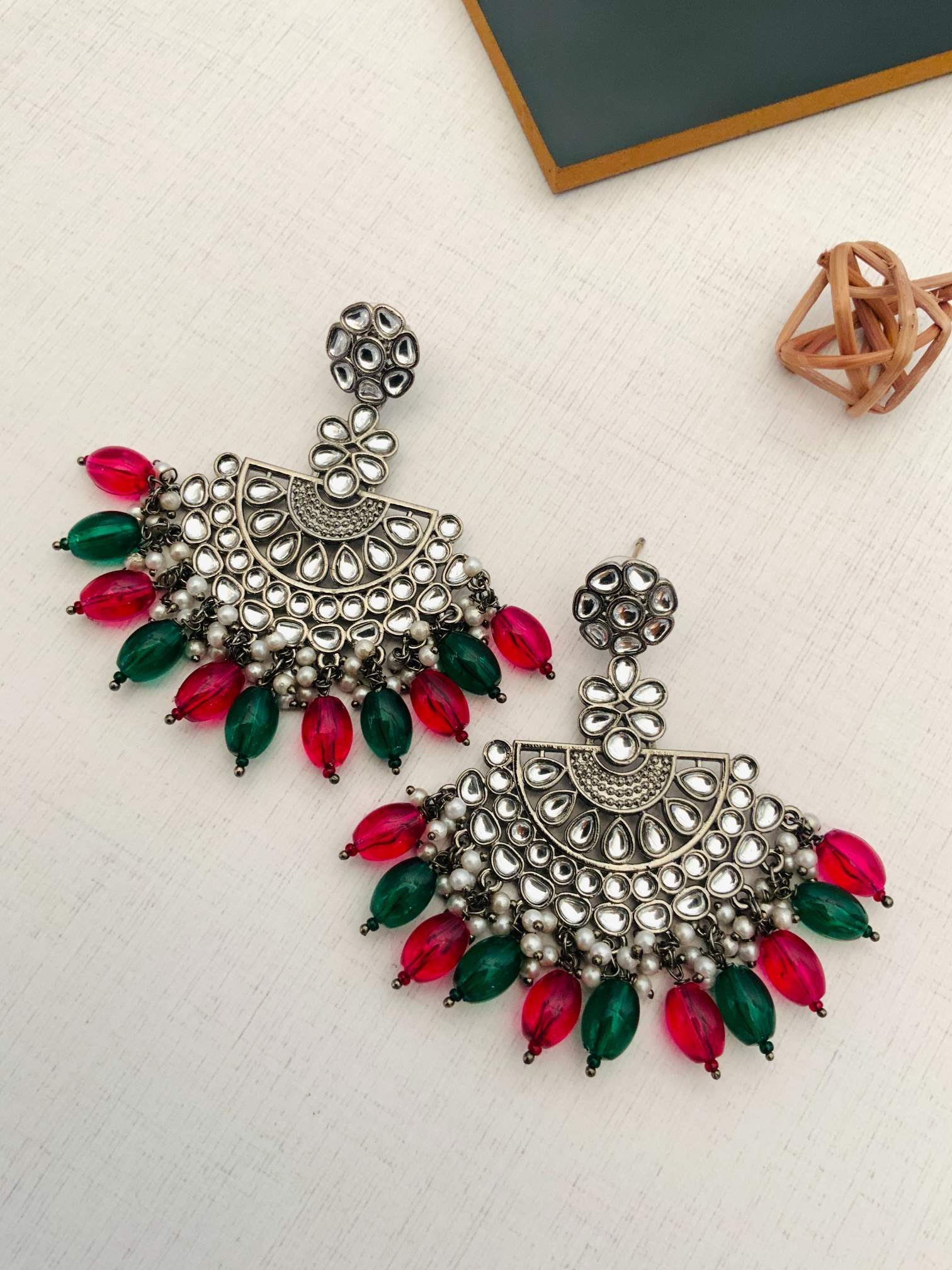 Victorian German Silver Plated Earring with intricate design and red green bead dangles from Abdesignsjewellery