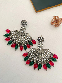 Thumbnail for Victorian German Silver Plated Earring with intricate design and red green bead dangles from Abdesignsjewellery