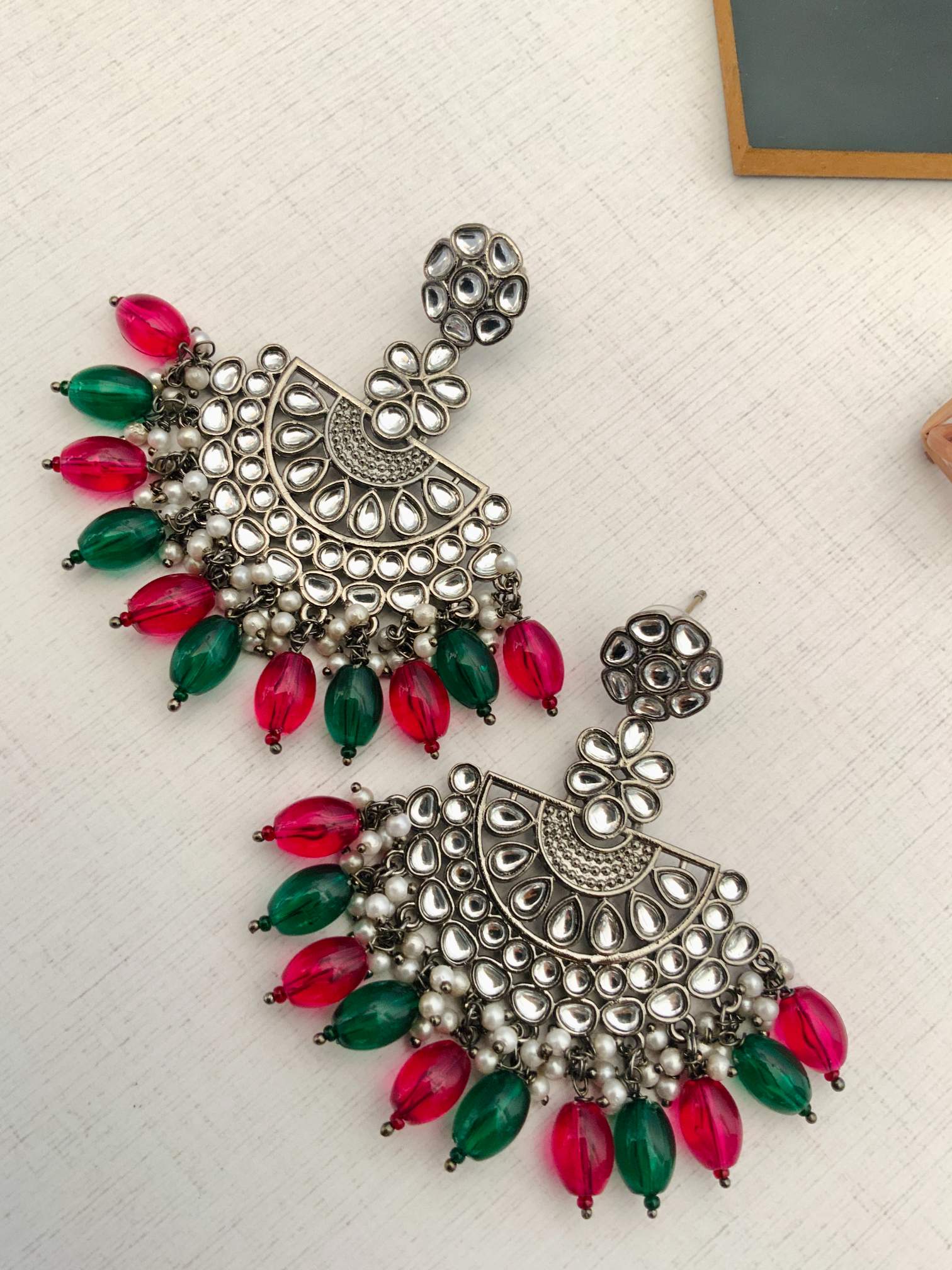Abdesignsjewellery Victorian German Silver Plated Earring with intricate design and green red beads