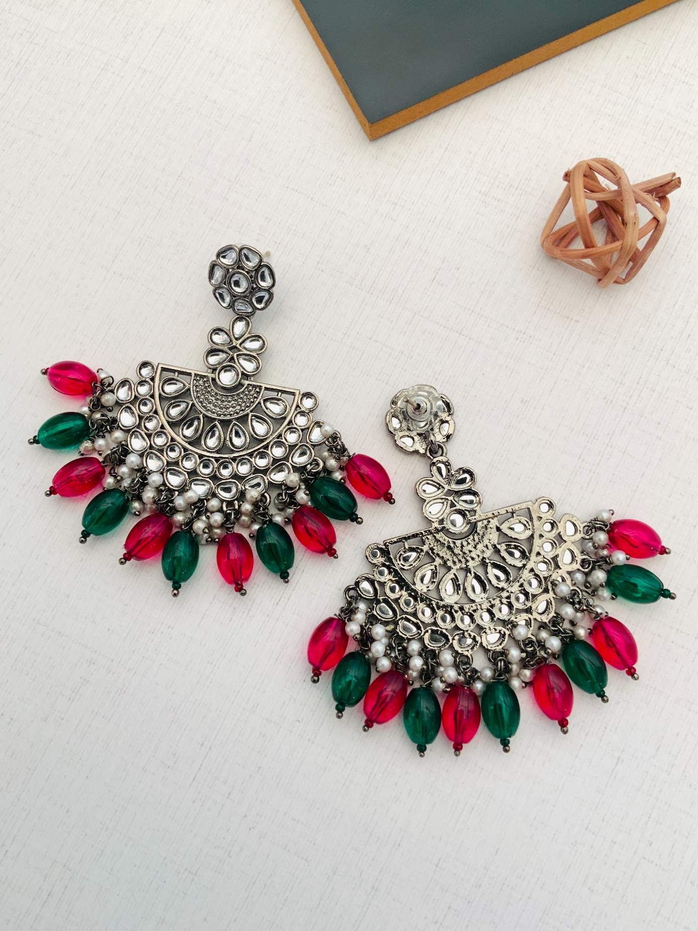 Victorian German Silver Plated Earring with intricate floral design and red and green bead accents