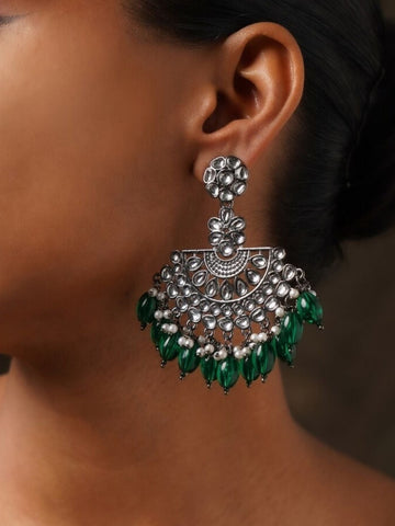 Victorian German Silver Plated Earring with intricate floral design and green bead accents by Abdesignsjewellery