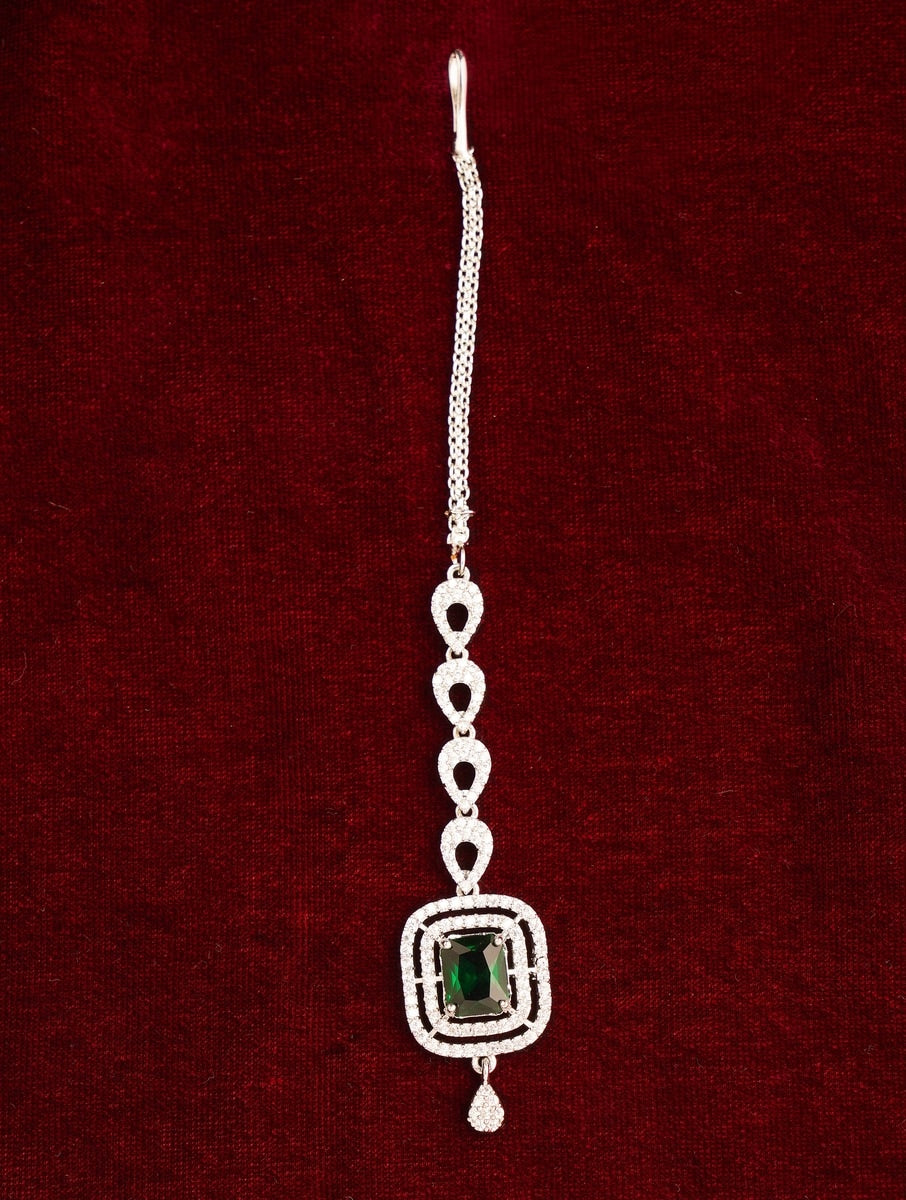 Wedding Silver Plated American Diamond Maangtikka with green stone pendant and intricate chain design