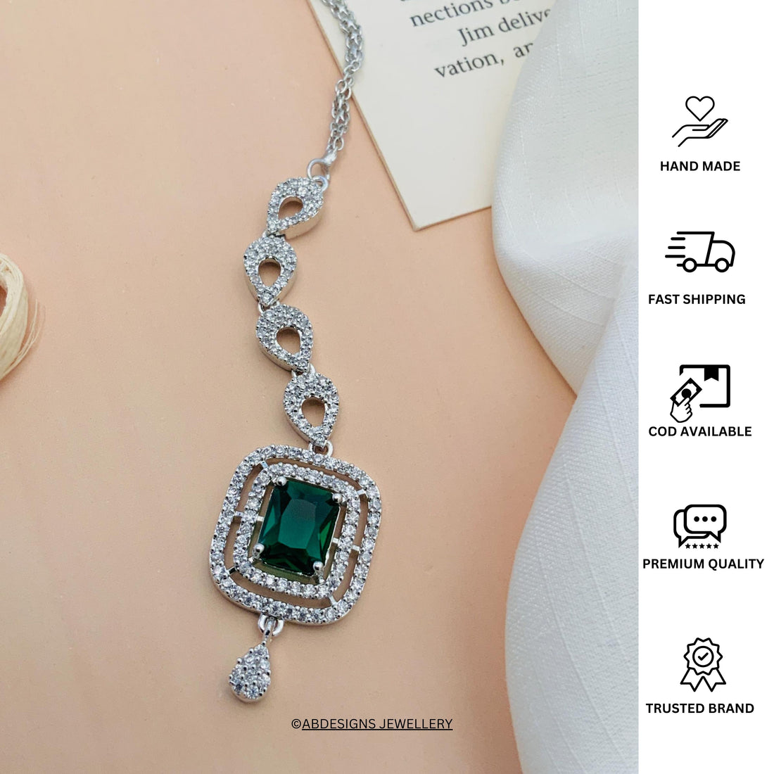 Wedding Silver Plated American Diamond Maangtikka with green center stone worn on forehead