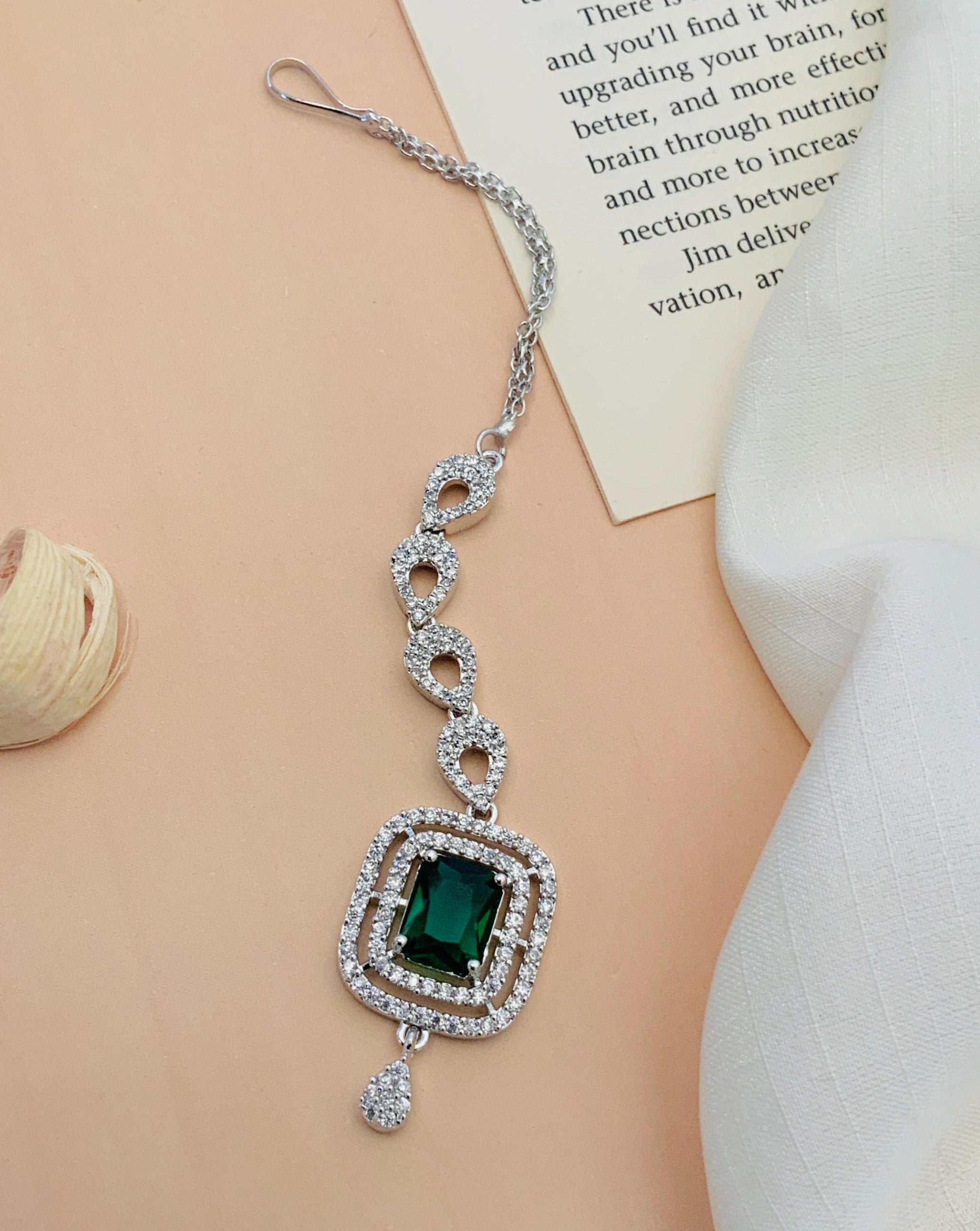 Wedding Silver Plated American Diamond Maangtikka with green stone and intricate chain design