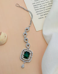 Thumbnail for Wedding Silver Plated American Diamond Maangtikka with green stone and intricate chain design
