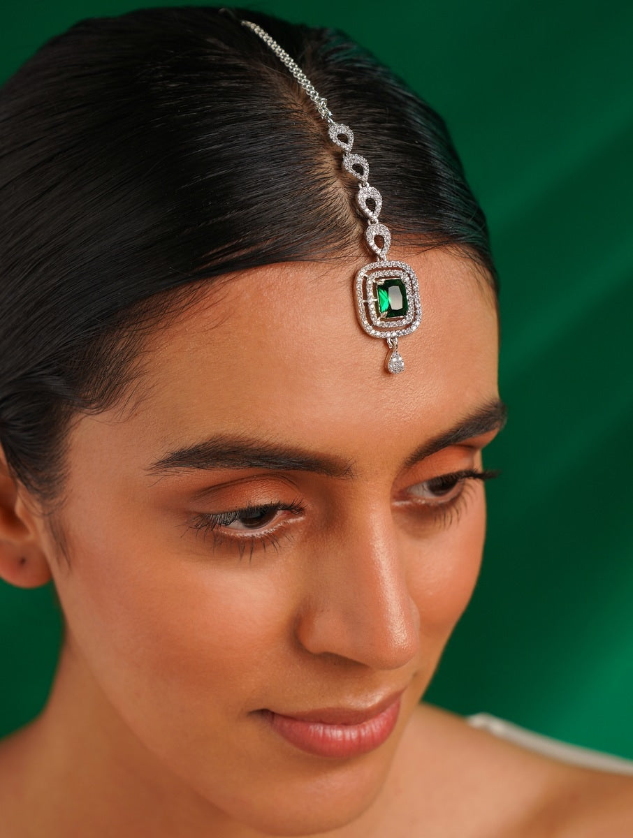 Wedding Silver Plated American Diamond Maangtikka with green center stone worn on forehead