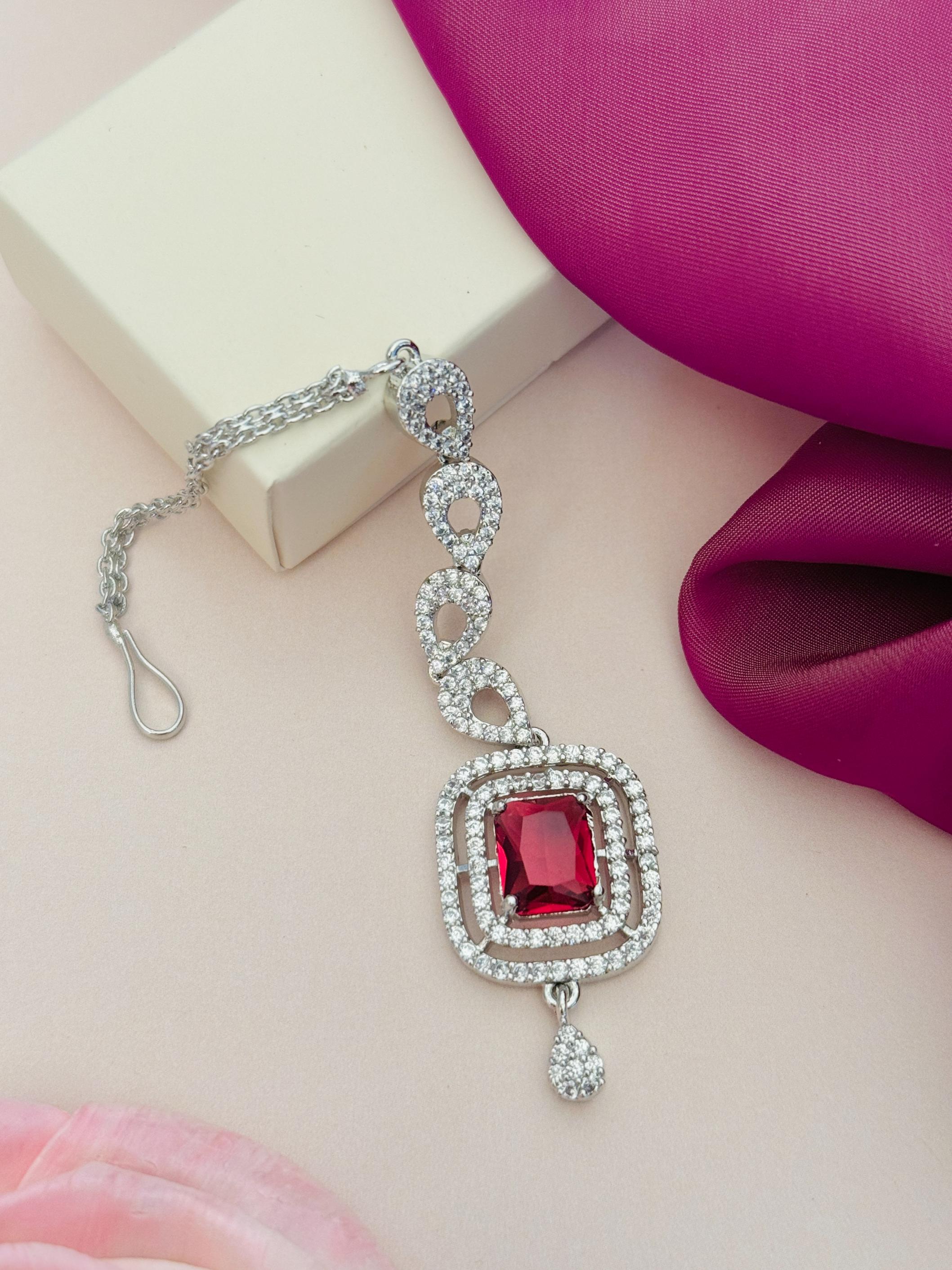 Wedding Silver Plated American Diamond Maangtikka with red stone centerpiece and intricate design