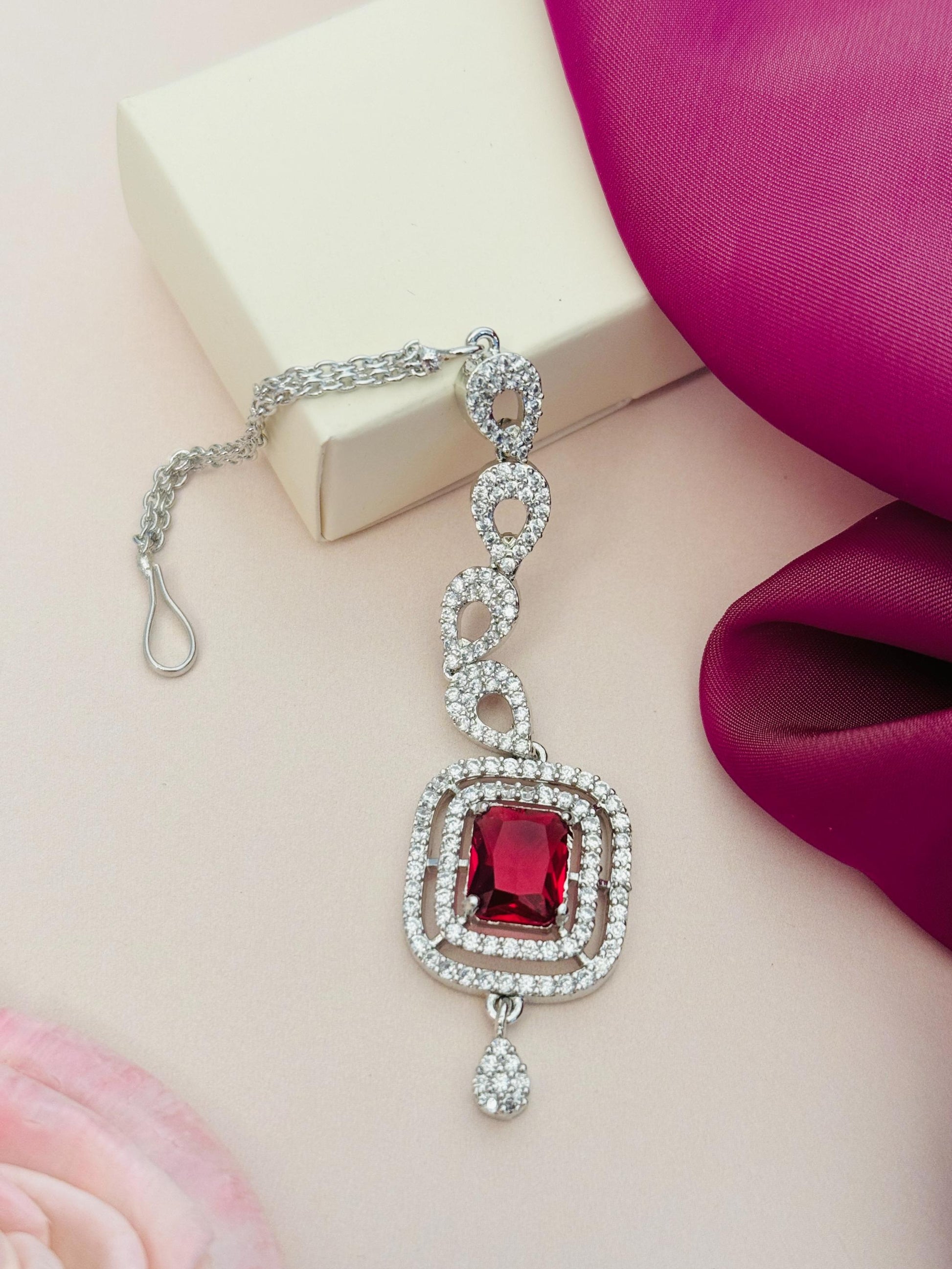 Wedding Silver Plated American Diamond Maangtikka with red centerpiece and intricate stone design