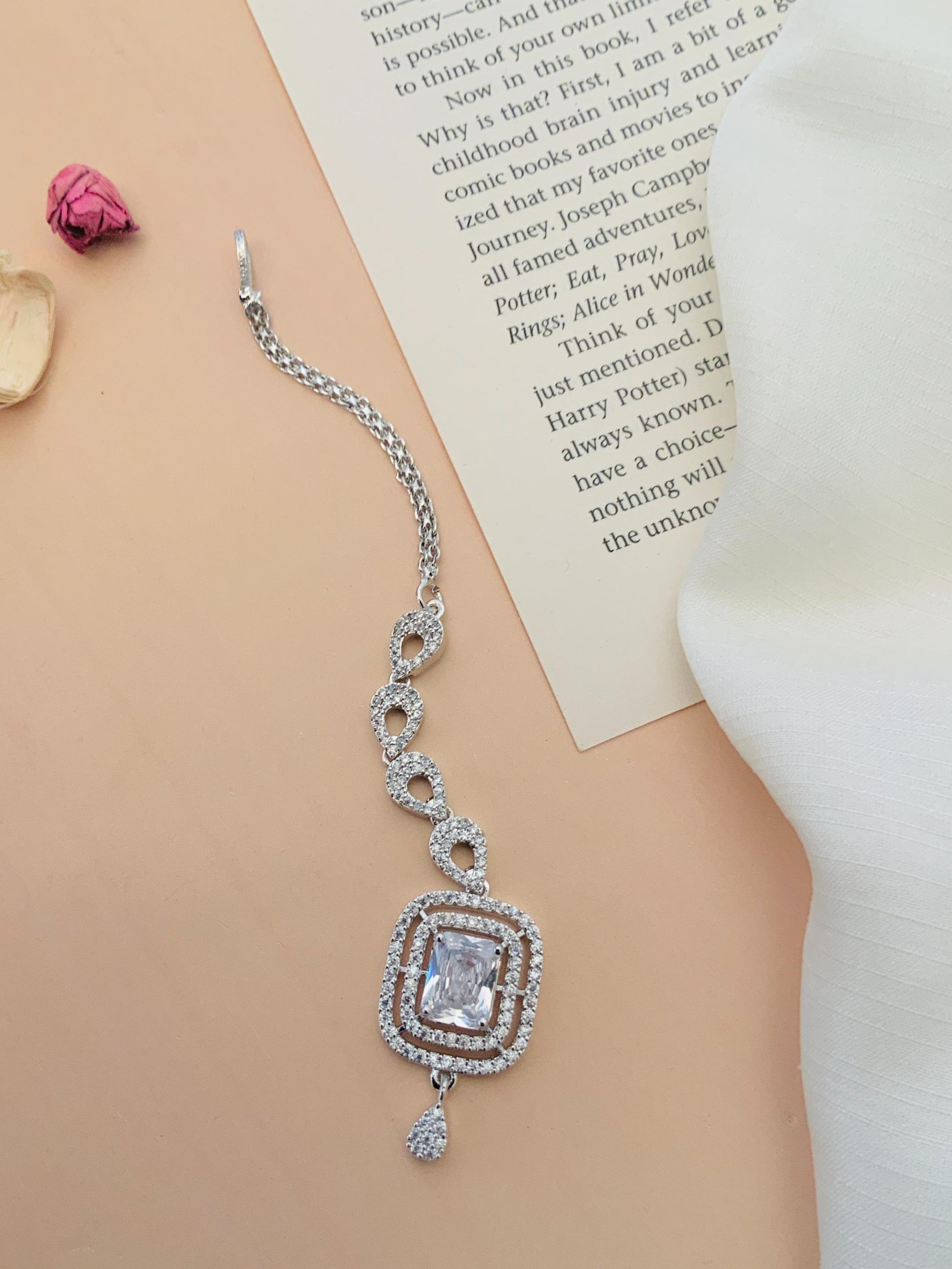 Wedding Silver Plated American Diamond Maangtikka with intricate design by Abdesignsjewellery