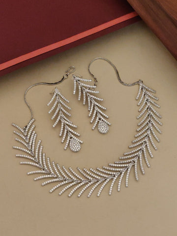 Affordable statement American Diamond necklace for women with matching leaf design earrings by Abdesignsjewellery