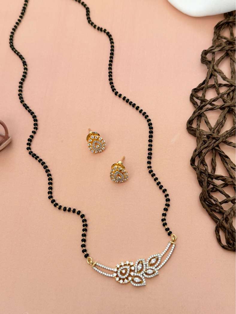 American Diamond Flower Mangalsutra Set with gold-tone floral pendant and matching earrings