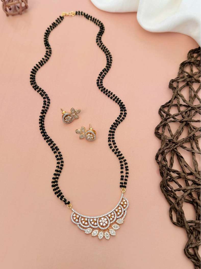 Abdesignsjewellery American Diamond Mangalsutra Set with black beads and intricate pendant design