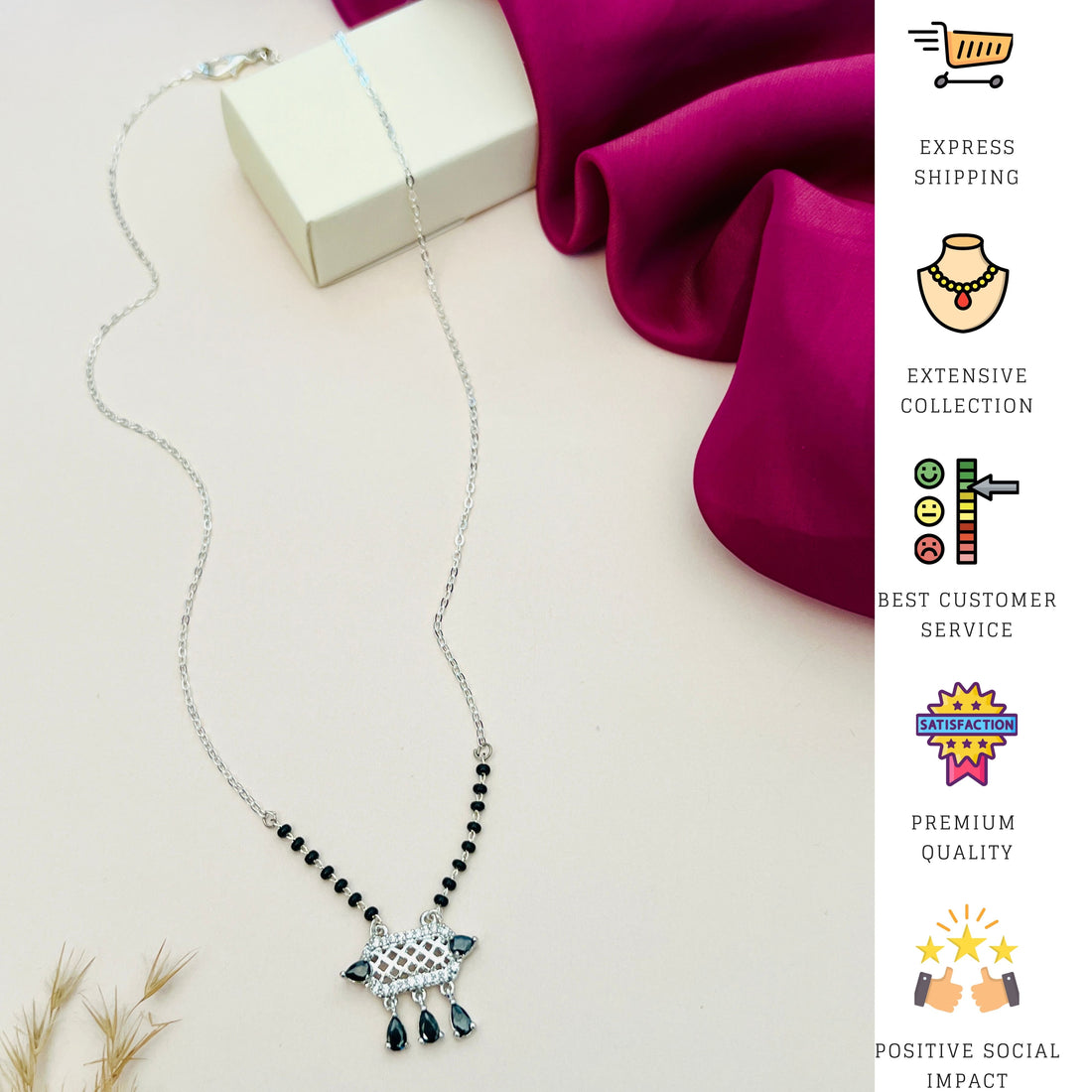 Abdesignsjewellery American Diamond Mangalsutra with black beads and gold pendant on white background