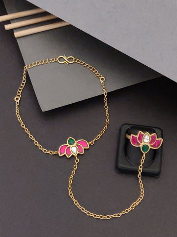 Antique Gold Plated Hand Pocha Bracelet with pink and green floral design by 