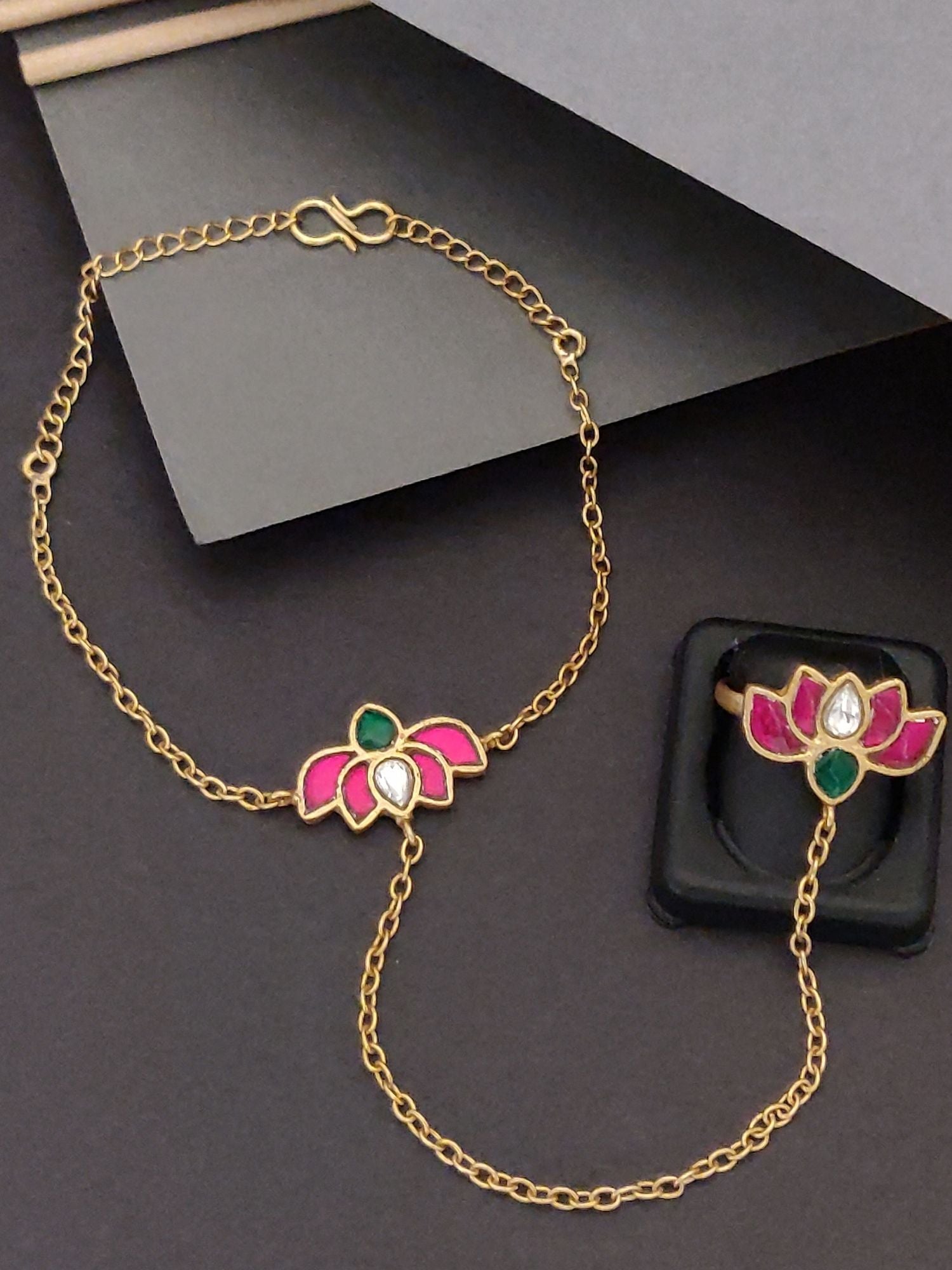 Antique Gold Plated Hand Pocha Bracelet with pink and green floral design and gold chain links