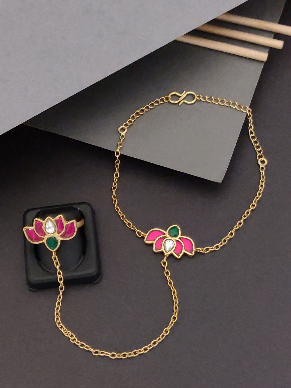 Antique Gold Plated Hand Pocha Bracelet with pink and green floral design by 