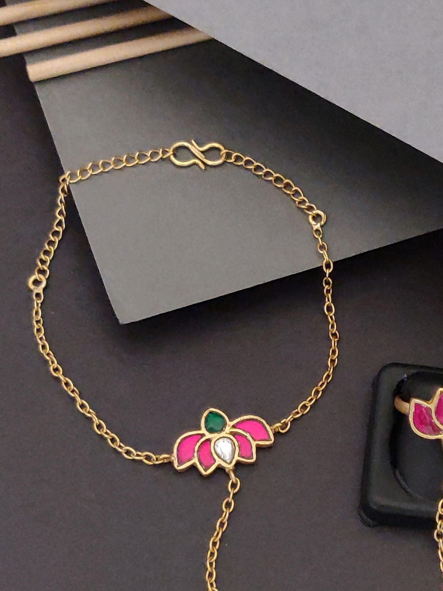 Antique Gold Plated Hand Pocha Bracelet with pink and green enamel floral design by Abdesignsjewellery