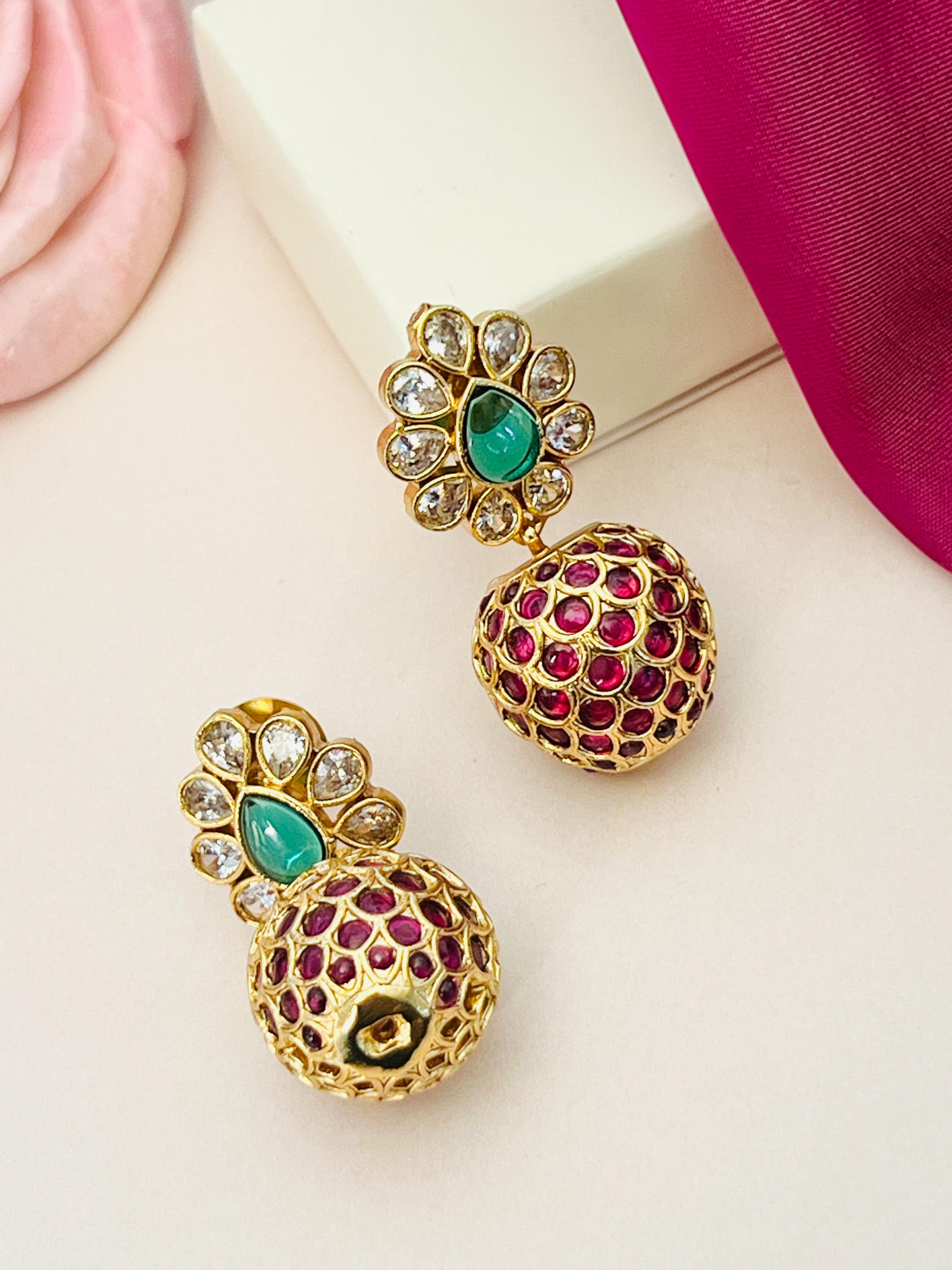 Antique Gold Plated Round Earring with red and green stones by Abdesignsjewellery on white background