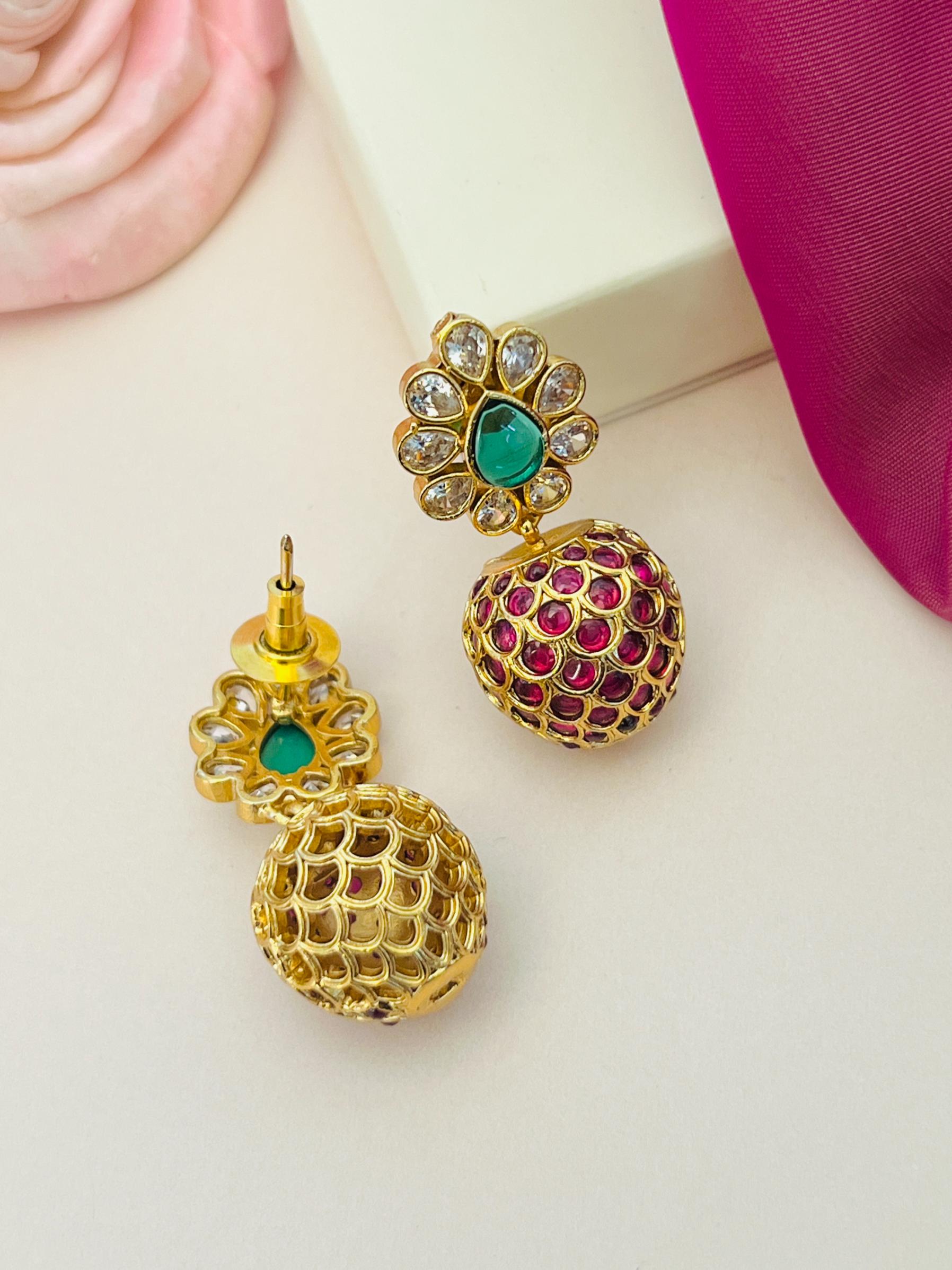 Abdesignsjewellery Antique Gold Plated Round Earring with green and pink stone detailing