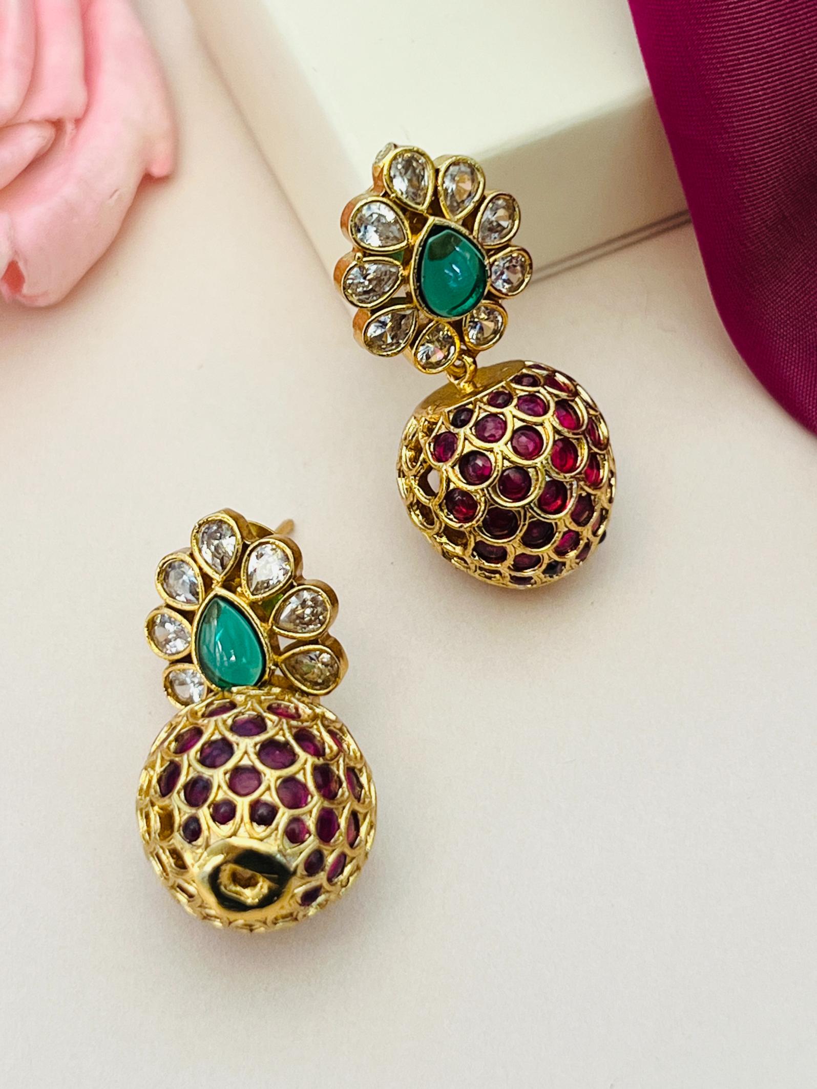 Abdesignsjewellery Antique Gold Plated Round Earring with green and red stone embellishments