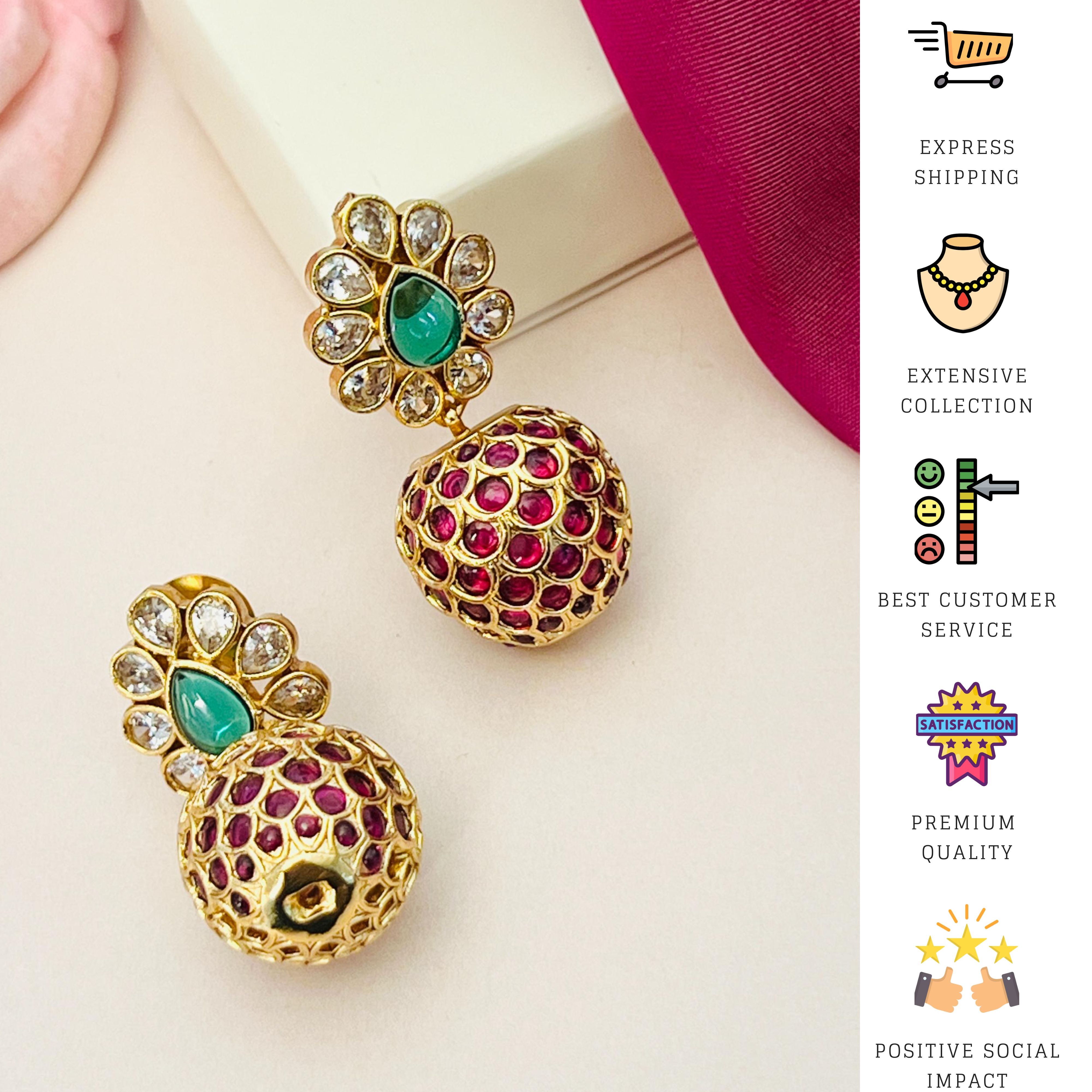 Antique Gold Plated Round Earring with red and green stone detailing by Abdesignsjewellery
