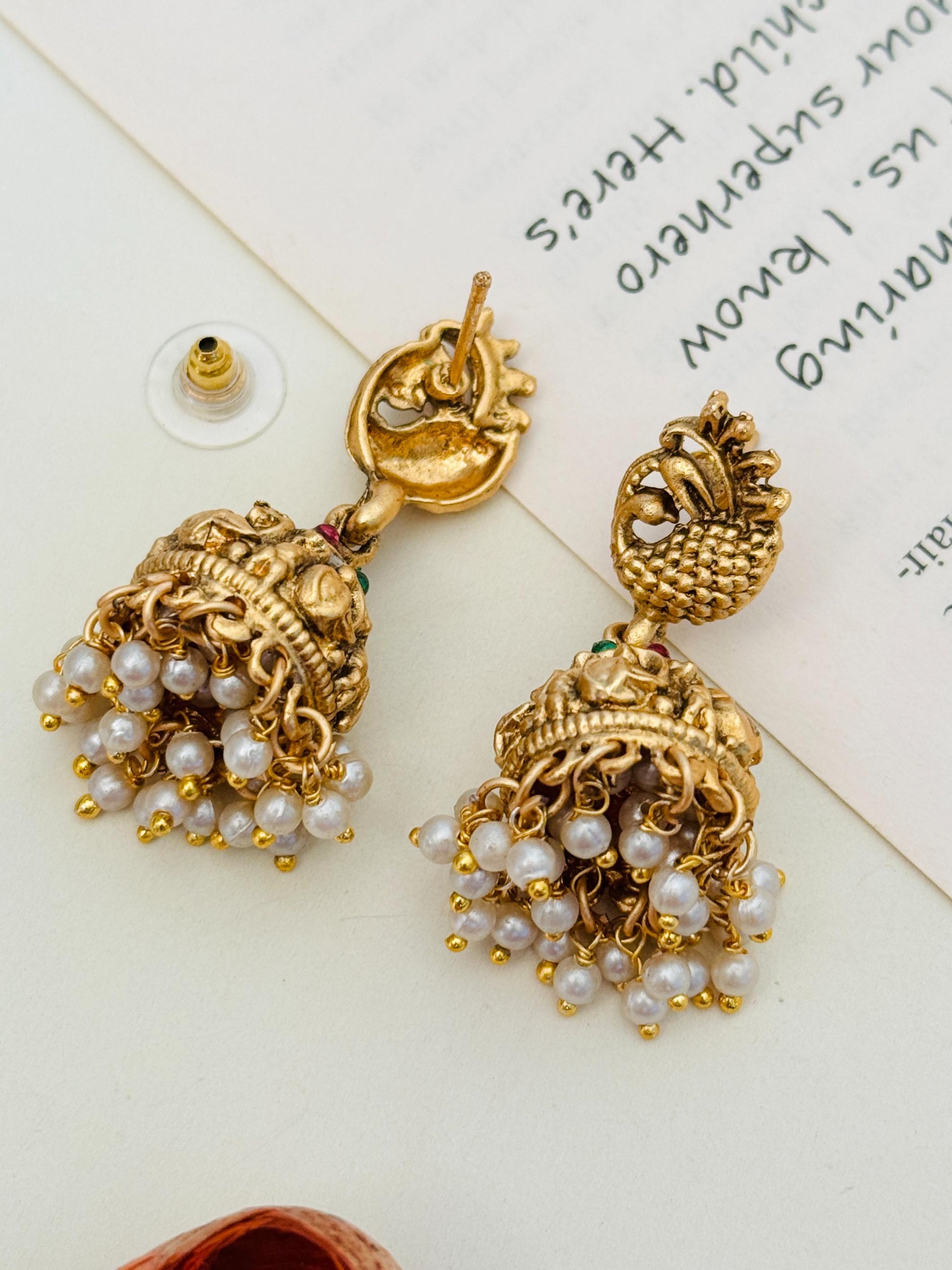 Antique Golden Plated Matt Finish Necklace Set earrings with intricate design and pearl details by Abdesignsjewellery