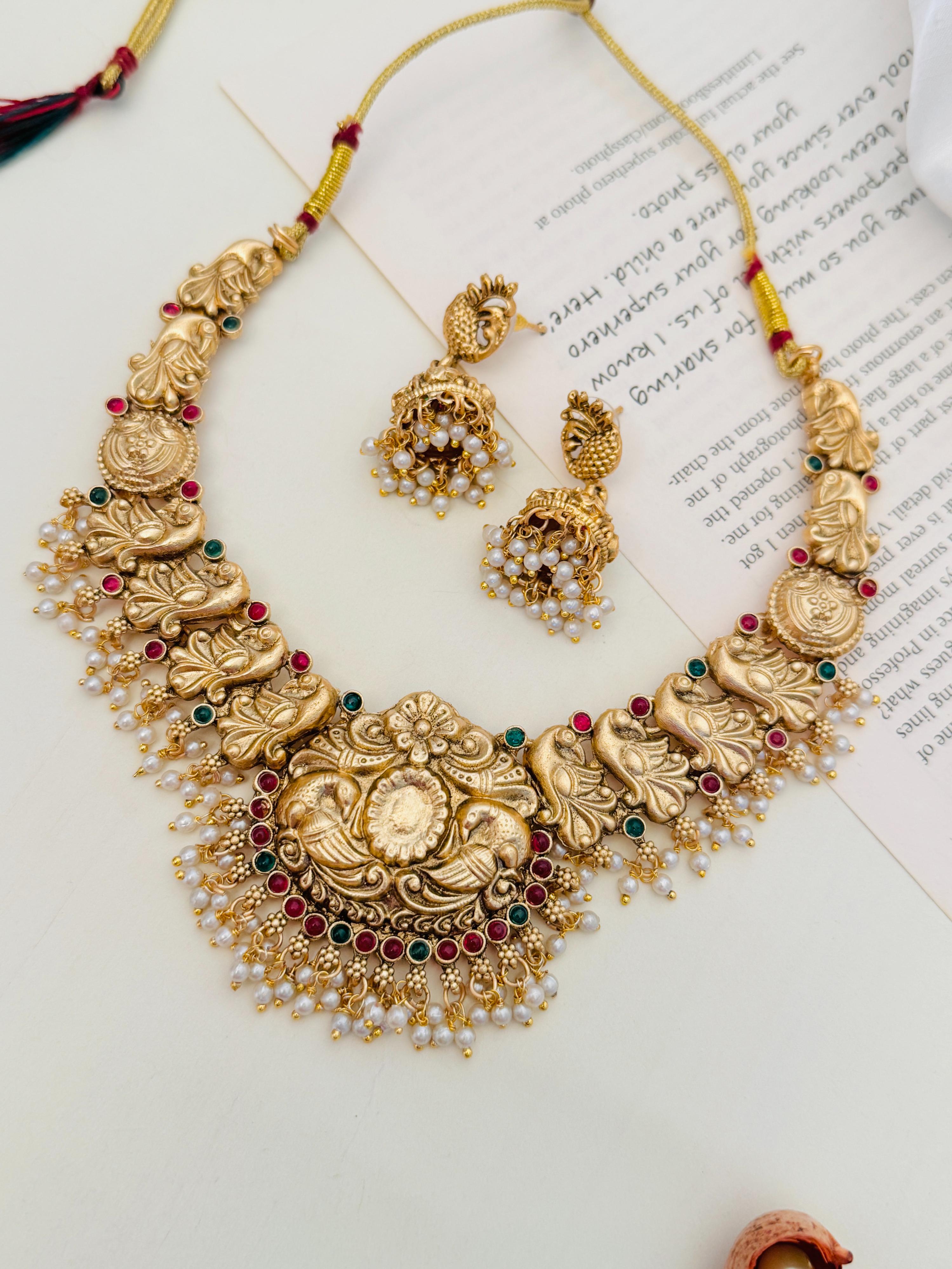 Antique Golden Plated Matt Finish Necklace Set featuring traditional design with intricate floral motifs and pearl accents