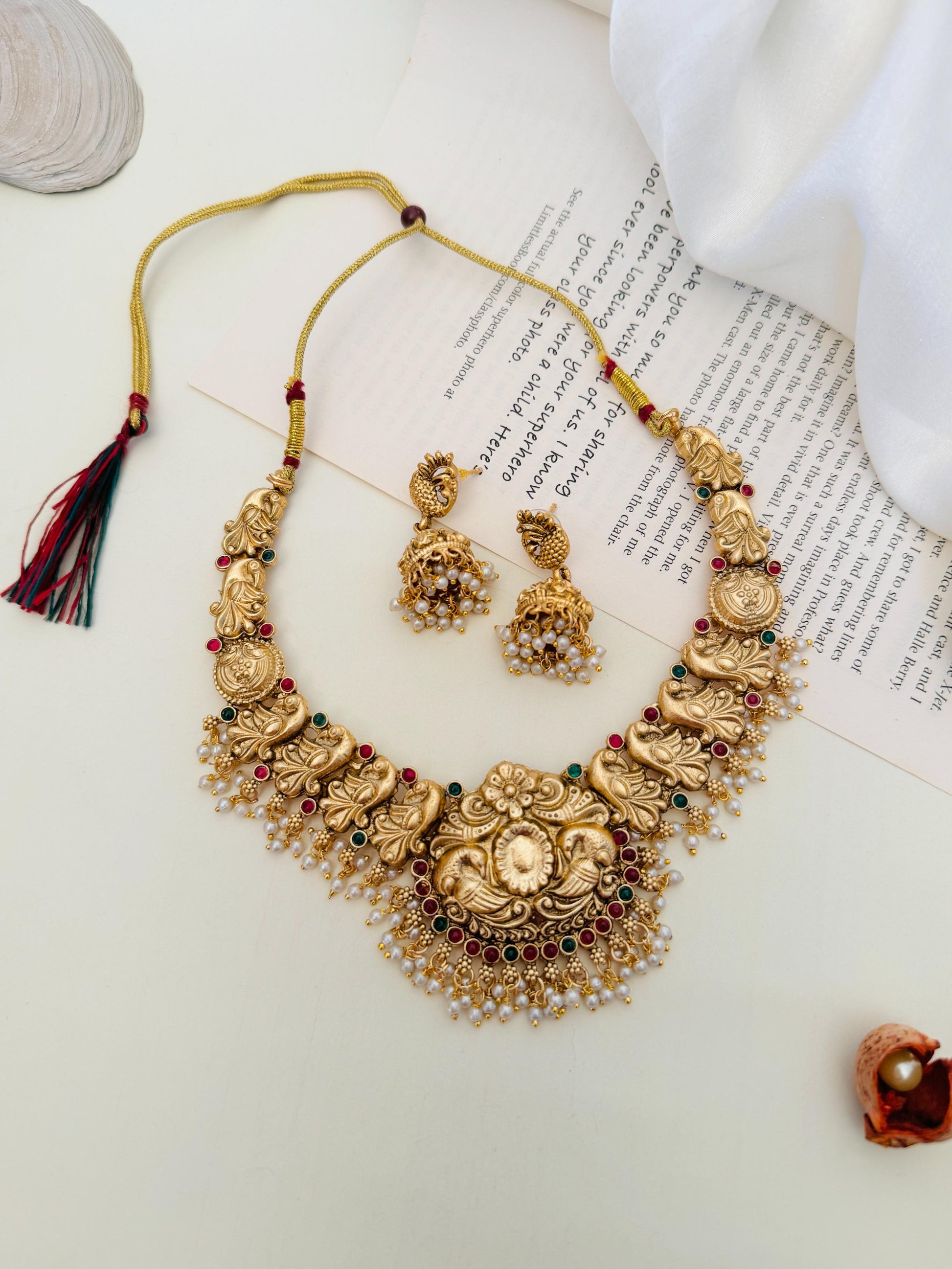 Antique Golden Plated Matt Finish Necklace Set by Abdesignsjewellery with intricate detailing and matching earrings