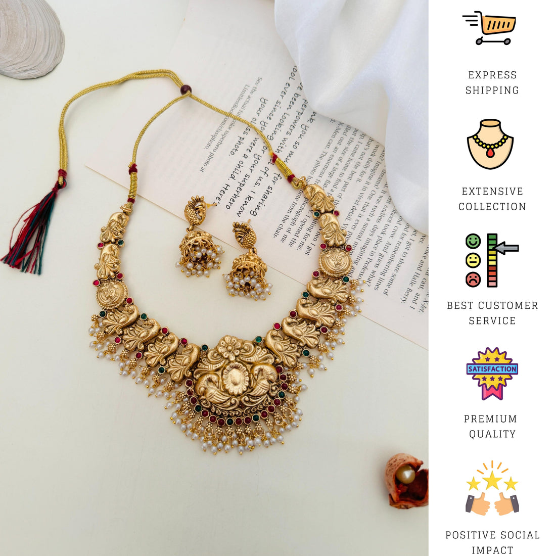Antique Golden Plated Matt Finish Necklace Set worn by woman featuring intricate traditional design and matching earrings