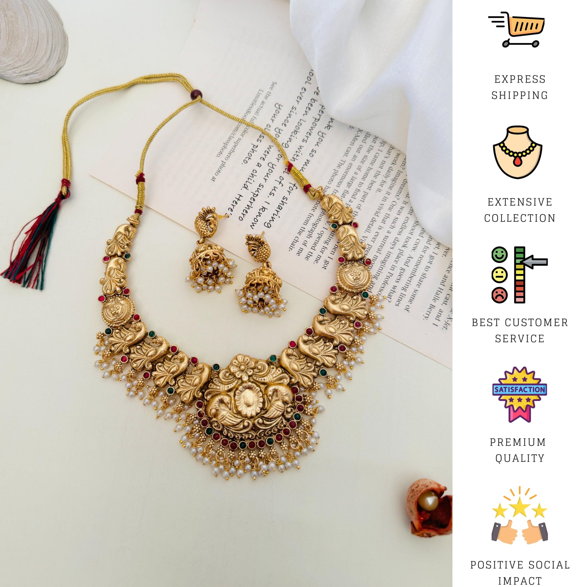 Antique Golden Plated Matt Finish Necklace Set with intricate floral design and matching earrings by Abdesignsjewellery