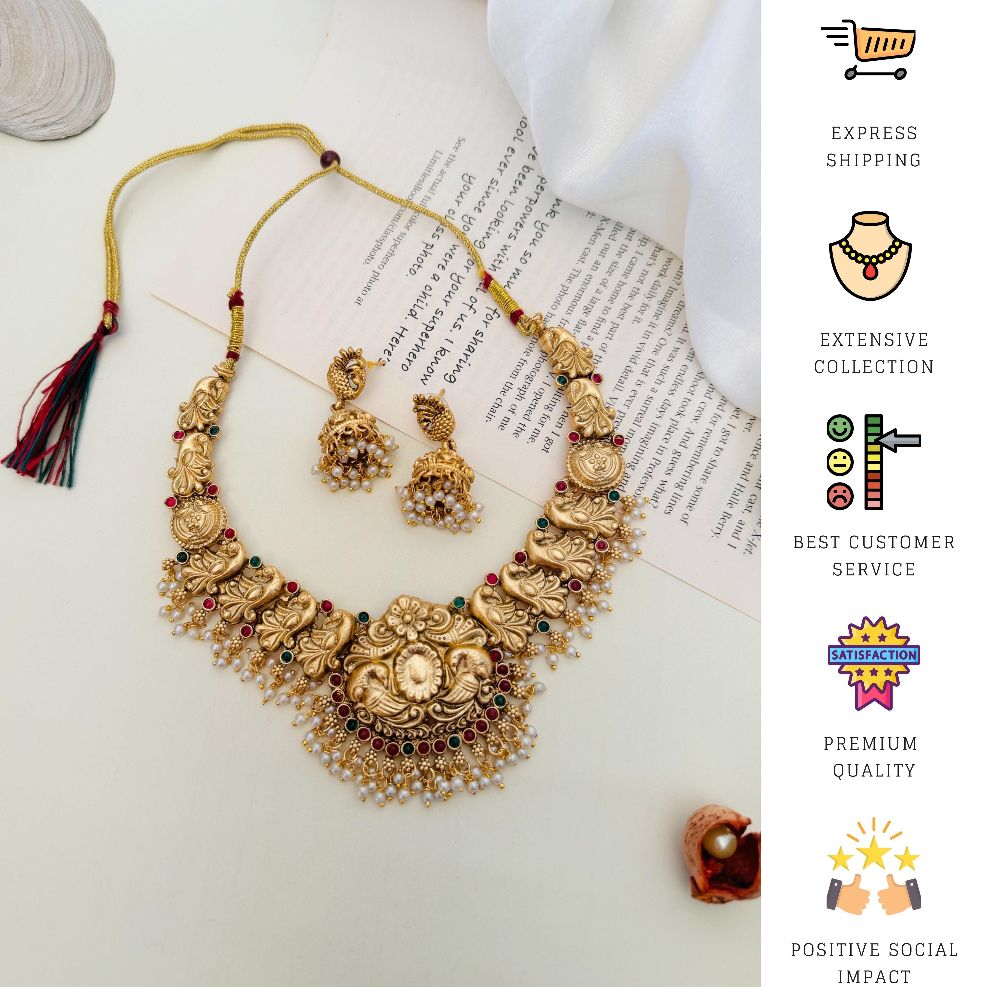 Antique Golden Plated Matt Finish Necklace Set with intricate floral design and matching earrings by Abdesignsjewellery