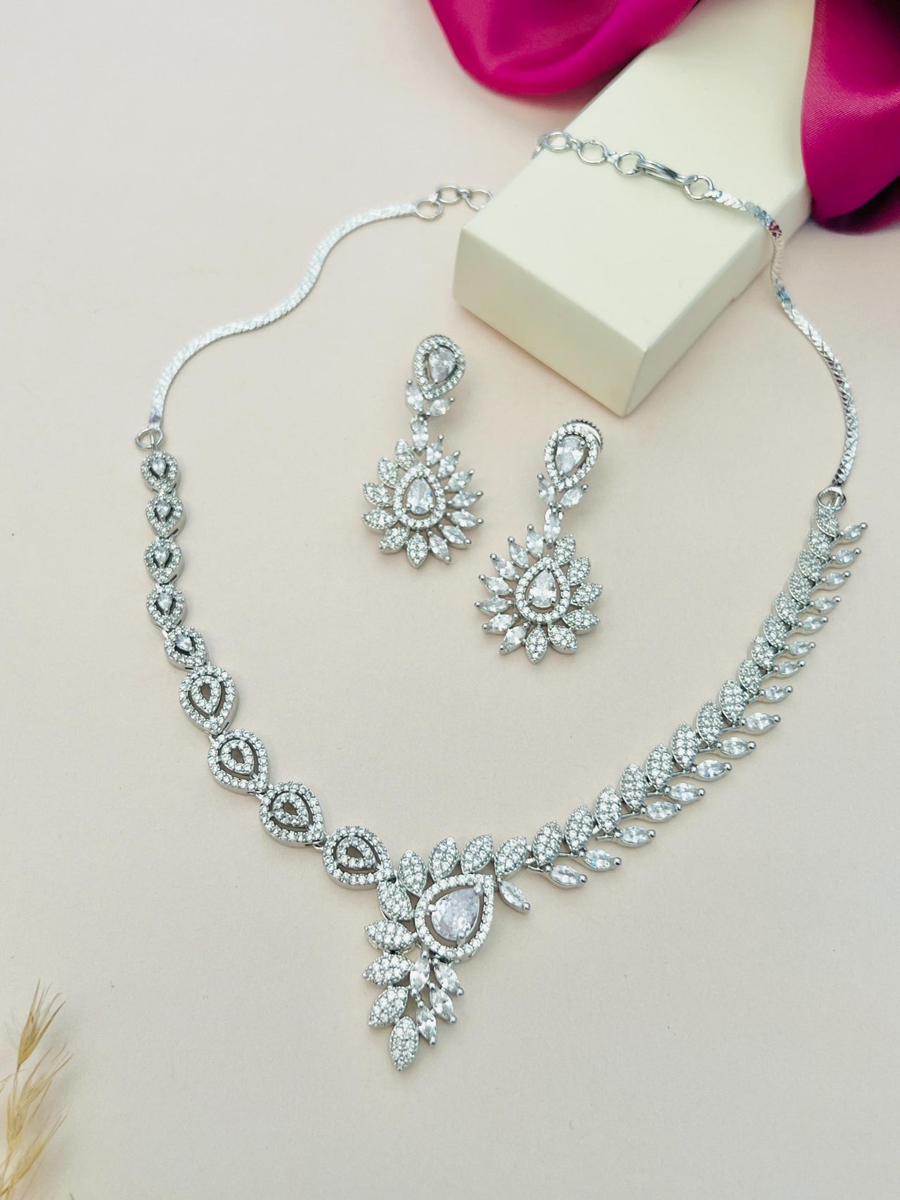 Artistic Silver Plated American Diamond Necklace with matching earrings by Abdesignsjewellery