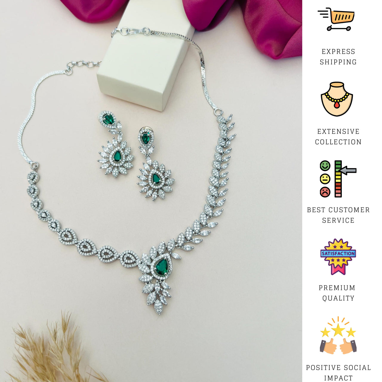 Artistic Silver Plated American Diamond Necklace with matching green and white stone earrings by Abdesignsjewellery