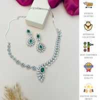 Thumbnail for Artistic Silver Plated American Diamond Necklace with matching green and white stone earrings by Abdesignsjewellery