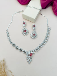 Thumbnail for Artistic Silver Plated American Diamond Necklace with matching earrings featuring red and clear stones