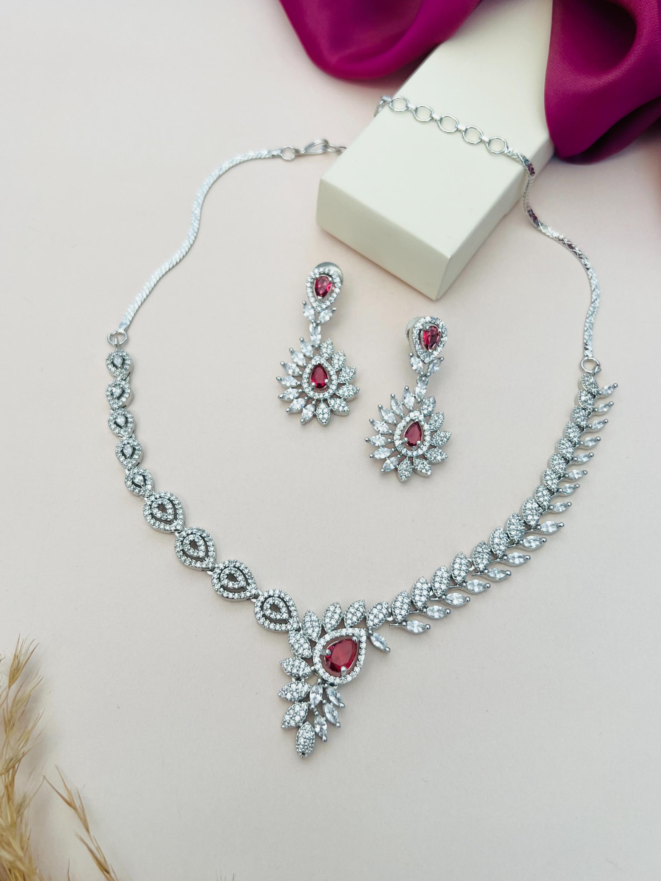  Silver Plated American Diamond Necklace with matching earrings by Abdesignsjewellery