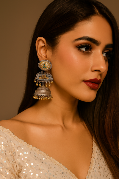 Dual Tone Antique Jhumka Earrings with Ghungroo Drops