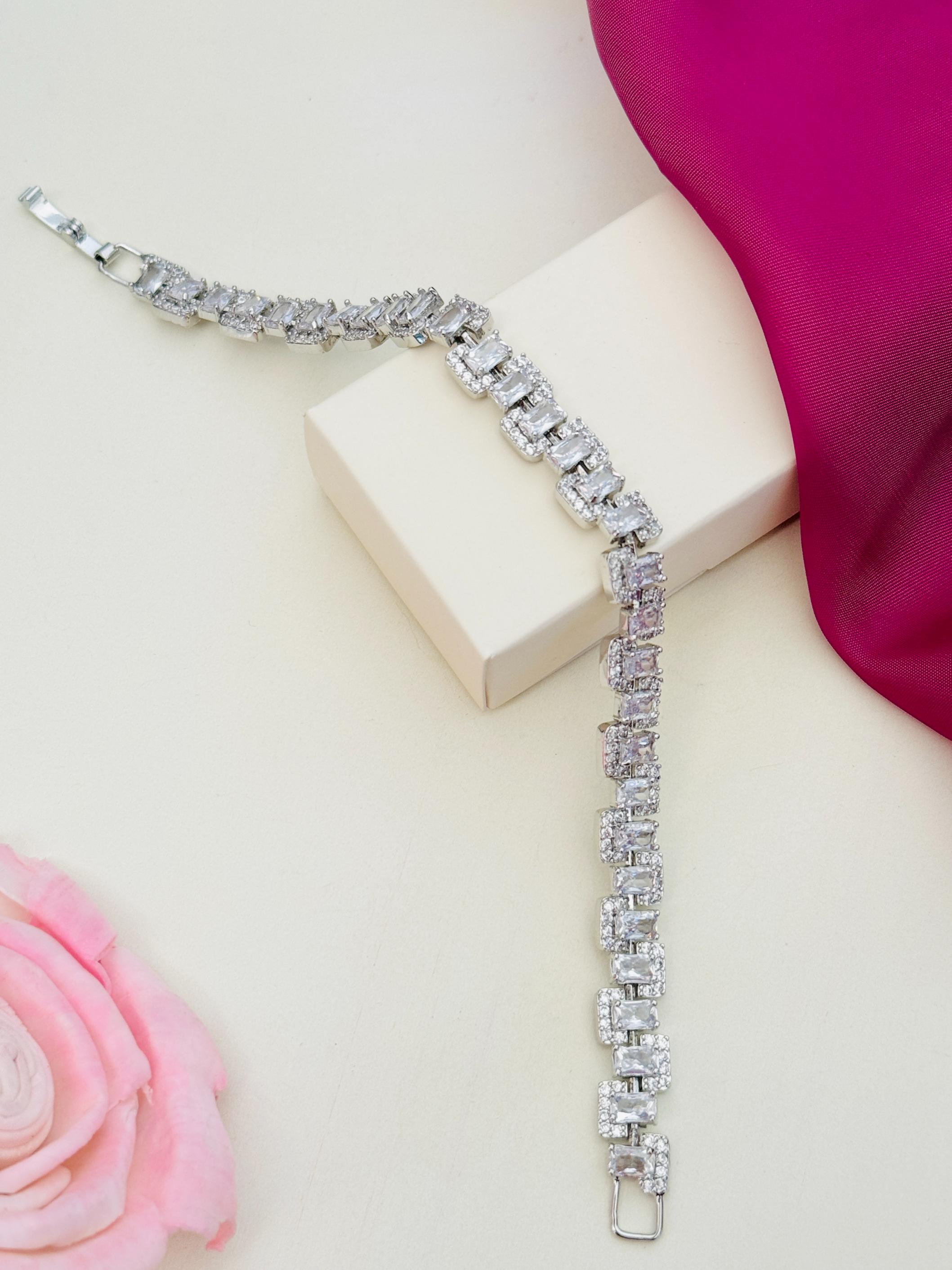 Beautiful High Quality Silver Bracelet with intricate rectangular links and sparkling stones by Abdesignsjewellery