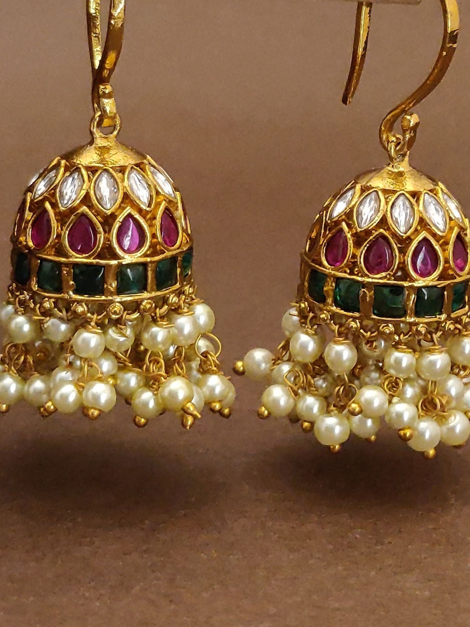 Buy gold finish kempstone hoop earrings with intricate red green stones and pearl danglers by Abdesignsjewellery