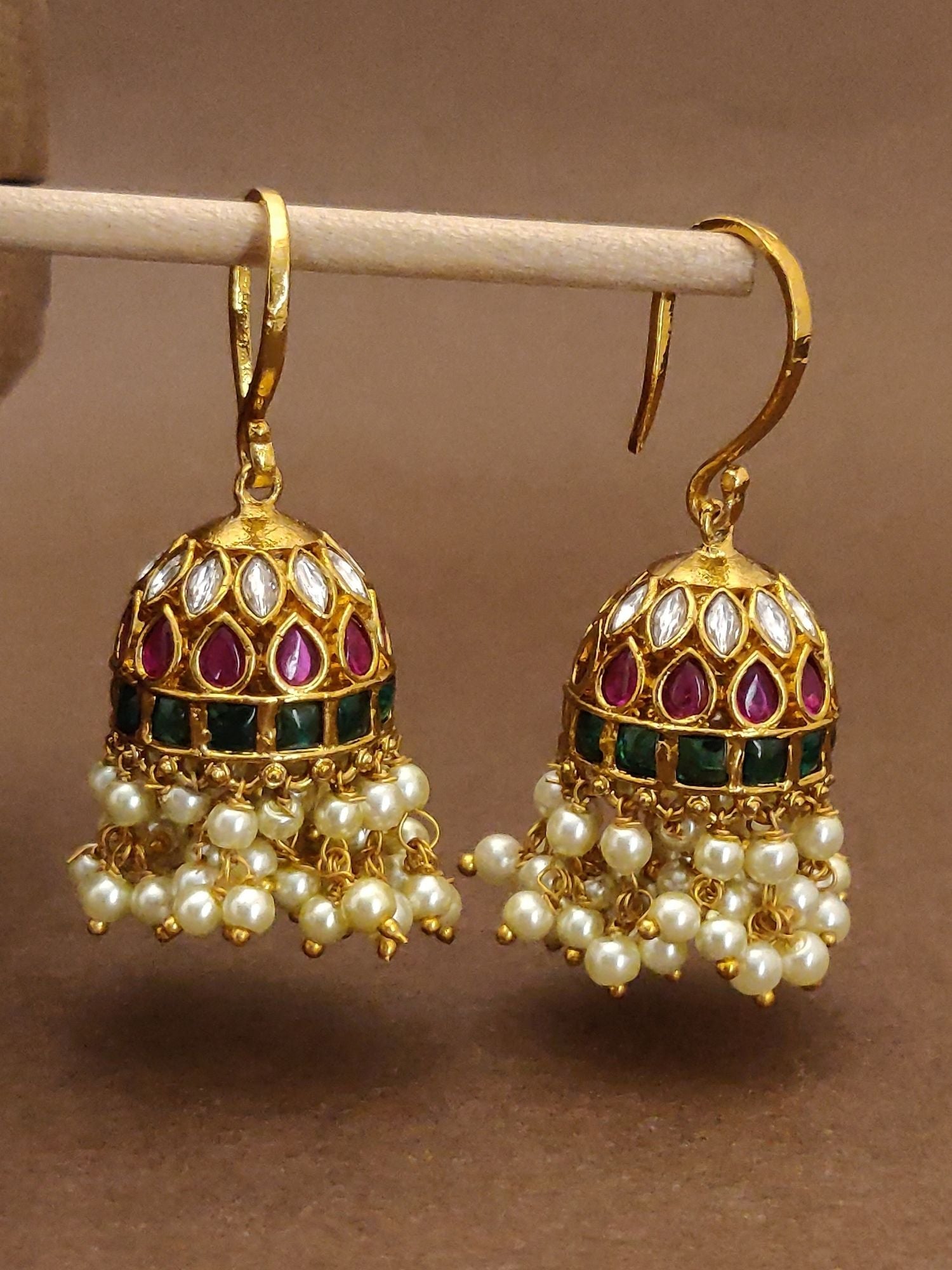 Buy gold finish kempstone hoop earrings with pearl and multicolor stone detailing by Abdesignsjewellery