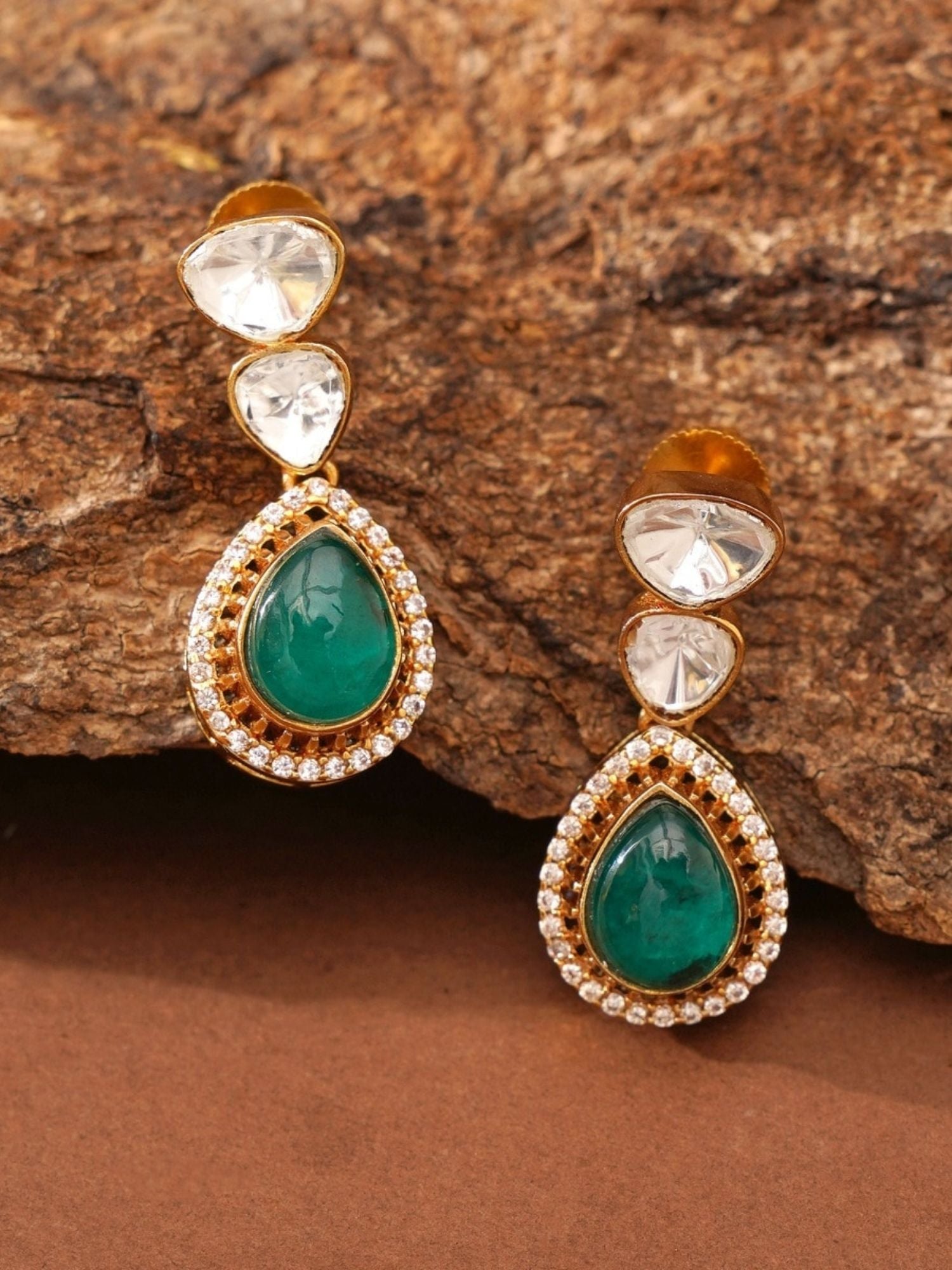 Celebrity Style Gold Plated Polki Pendant Chain with green teardrop and clear stone accents by Abdesignsjewellery